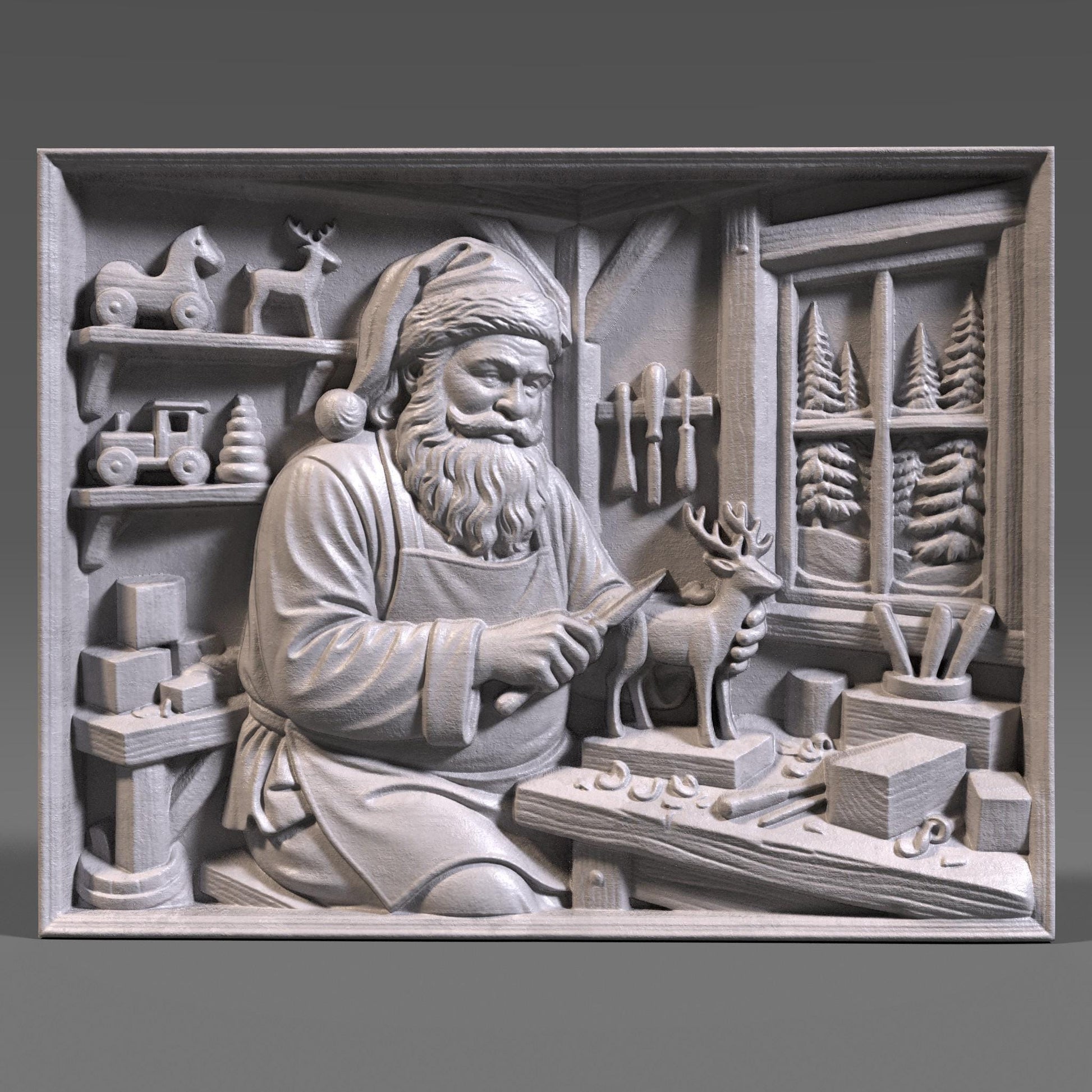 Detailed wooden bas relief carving of Santa Claus working in his Christmas workshop, carefully carving a small reindeer figurine on a workbench. The scene features shelves with wooden toys, tools hanging on the wall, wrapped gifts, and a window showing pine trees outside. Rich wood grain texture, deep sculpted details, and a warm handcrafted holiday aesthetic suitable for Christmas wall decor.