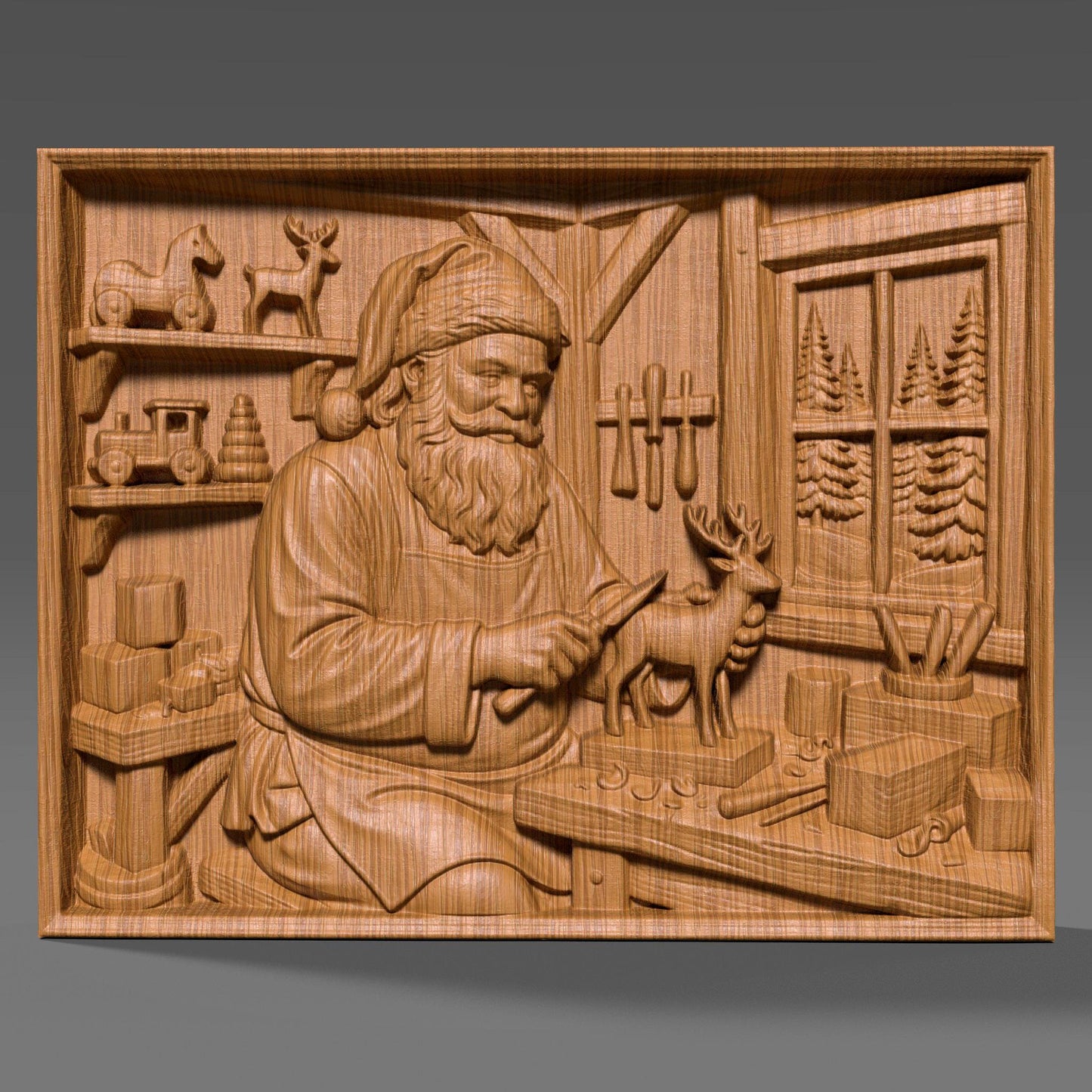 Detailed wooden bas relief carving of Santa Claus working in his Christmas workshop, carefully carving a small reindeer figurine on a workbench. The scene features shelves with wooden toys, tools hanging on the wall, wrapped gifts, and a window showing pine trees outside. Rich wood grain texture, deep sculpted details, and a warm handcrafted holiday aesthetic suitable for Christmas wall decor.