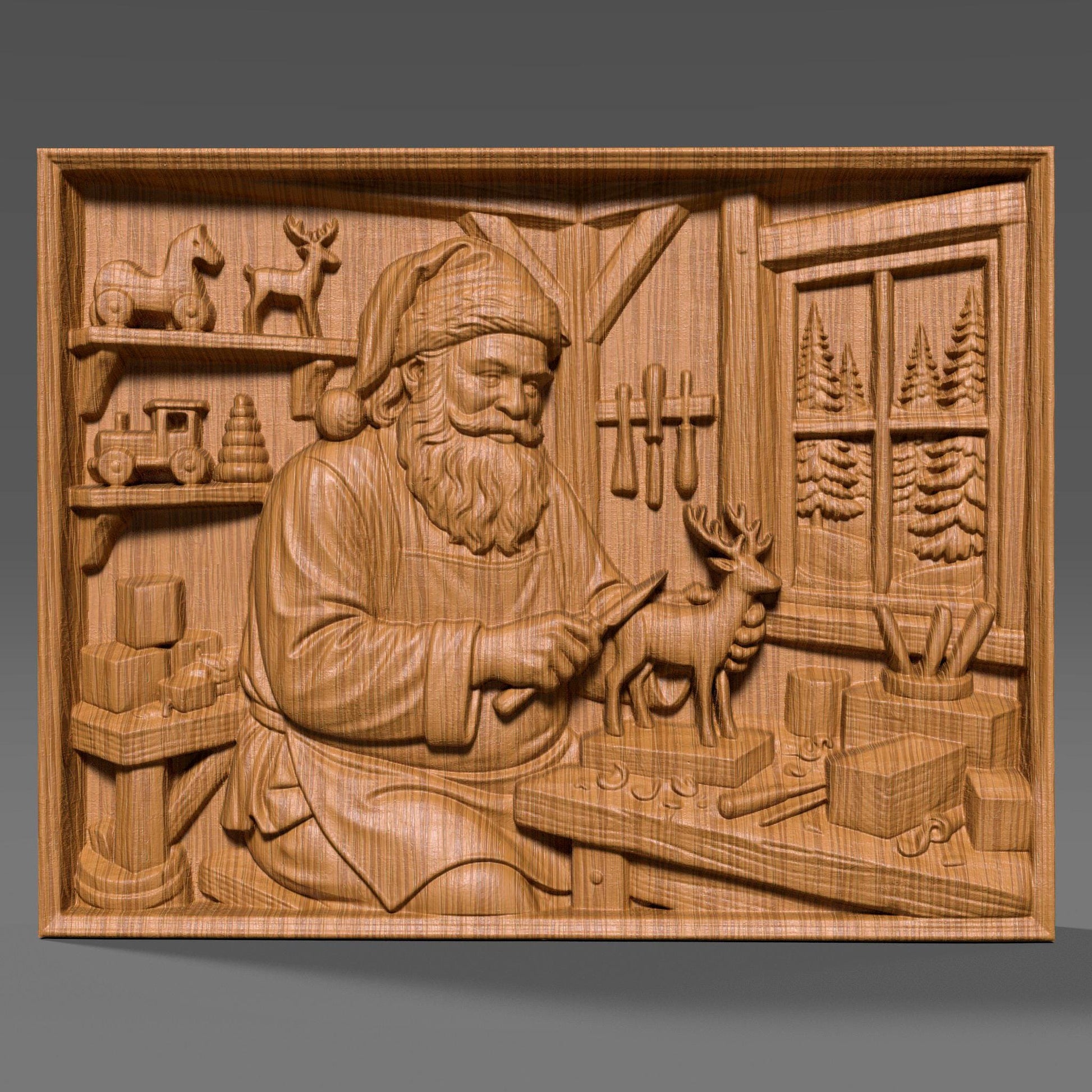 Detailed wooden bas relief carving of Santa Claus working in his Christmas workshop, carefully carving a small reindeer figurine on a workbench. The scene features shelves with wooden toys, tools hanging on the wall, wrapped gifts, and a window showing pine trees outside. Rich wood grain texture, deep sculpted details, and a warm handcrafted holiday aesthetic suitable for Christmas wall decor.