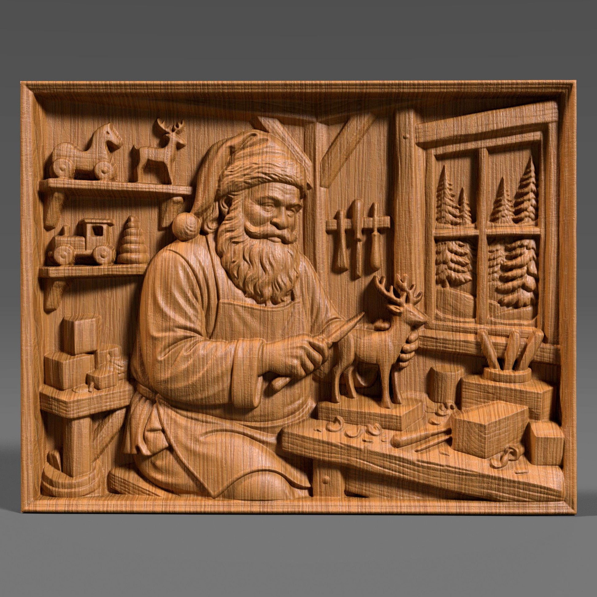 Detailed wooden bas relief carving of Santa Claus working in his Christmas workshop, carefully carving a small reindeer figurine on a workbench. The scene features shelves with wooden toys, tools hanging on the wall, wrapped gifts, and a window showing pine trees outside. Rich wood grain texture, deep sculpted details, and a warm handcrafted holiday aesthetic suitable for Christmas wall decor.