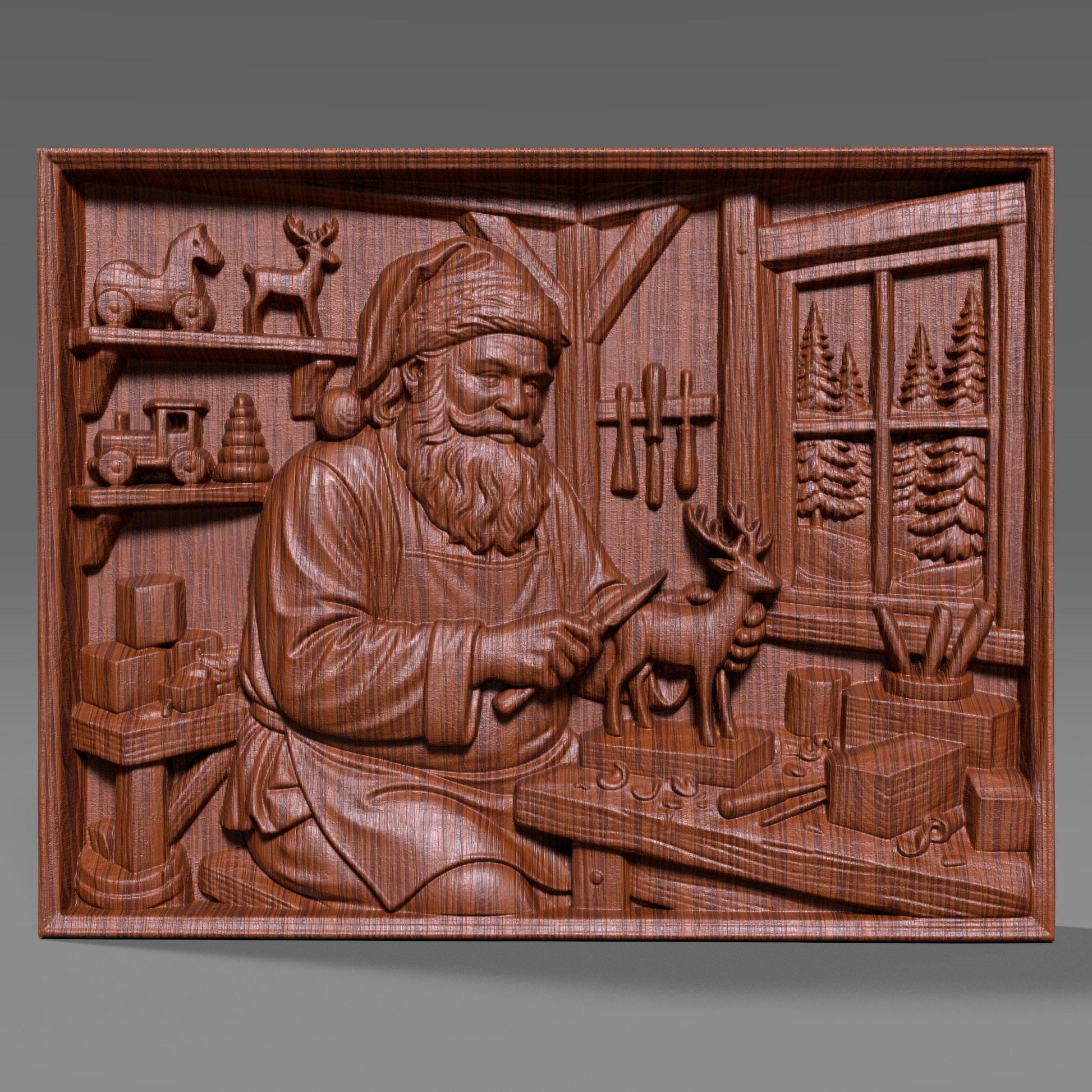 Detailed wooden bas relief carving of Santa Claus working in his Christmas workshop, carefully carving a small reindeer figurine on a workbench. The scene features shelves with wooden toys, tools hanging on the wall, wrapped gifts, and a window showing pine trees outside. Rich wood grain texture, deep sculpted details, and a warm handcrafted holiday aesthetic suitable for Christmas wall decor.