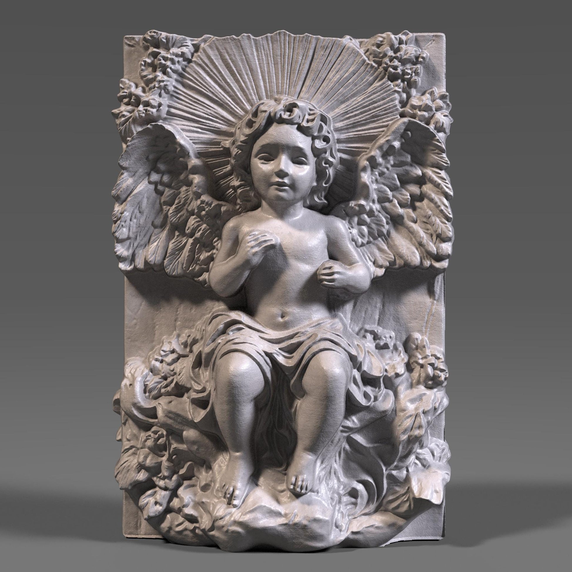 A beautifully detailed 3D bas relief of a baby angel sitting among flowing clouds and flowers, with large feathered wings and radiant light beams behind its head. The design captures a peaceful cherub expression, intricate sculpted textures, and classic Christian symbolism. Ideal for CNC carving, laser engraving, or 3D printing, this wooden-style angel panel makes meaningful Christmas décor or spiritual wall art.
