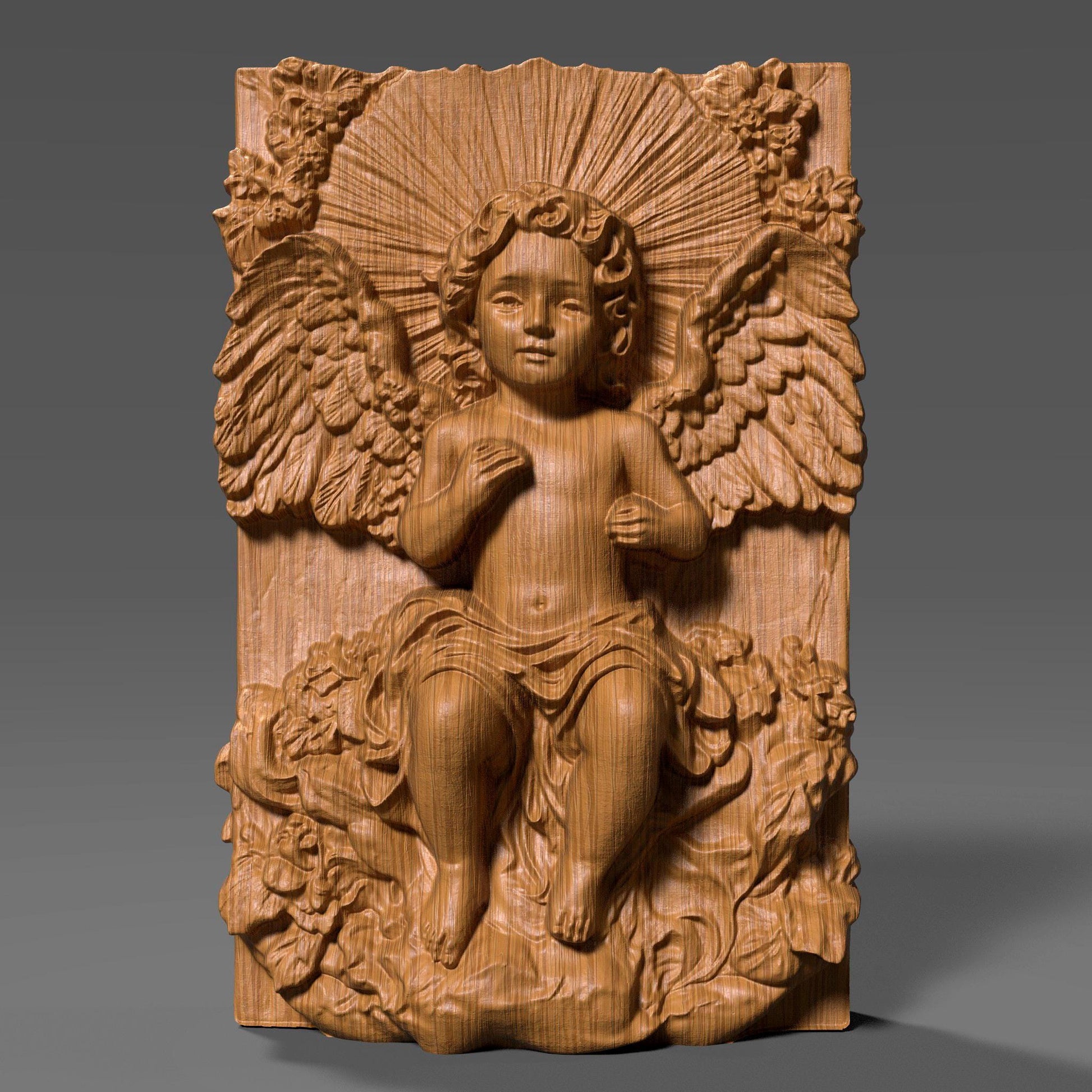 A beautifully detailed 3D bas relief of a baby angel sitting among flowing clouds and flowers, with large feathered wings and radiant light beams behind its head. The design captures a peaceful cherub expression, intricate sculpted textures, and classic Christian symbolism. Ideal for CNC carving, laser engraving, or 3D printing, this wooden-style angel panel makes meaningful Christmas décor or spiritual wall art.