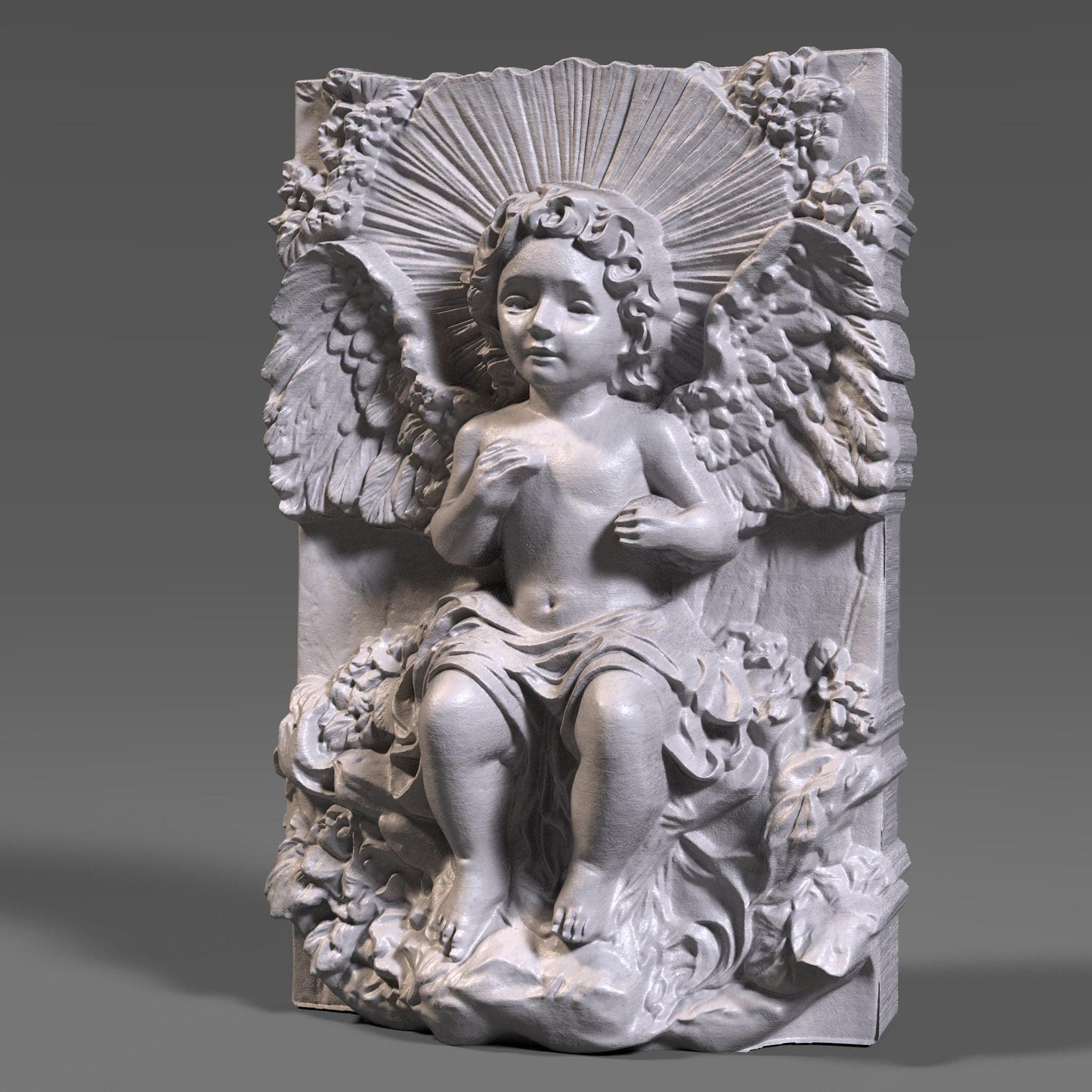 A beautifully detailed 3D bas relief of a baby angel sitting among flowing clouds and flowers, with large feathered wings and radiant light beams behind its head. The design captures a peaceful cherub expression, intricate sculpted textures, and classic Christian symbolism. Ideal for CNC carving, laser engraving, or 3D printing, this wooden-style angel panel makes meaningful Christmas décor or spiritual wall art.
