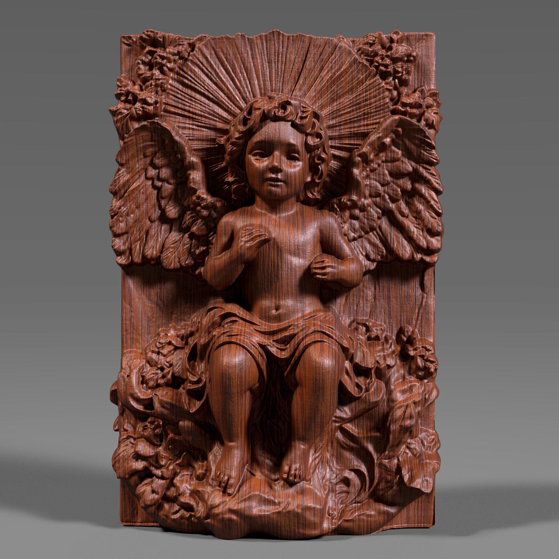 A beautifully detailed 3D bas relief of a baby angel sitting among flowing clouds and flowers, with large feathered wings and radiant light beams behind its head. The design captures a peaceful cherub expression, intricate sculpted textures, and classic Christian symbolism. Ideal for CNC carving, laser engraving, or 3D printing, this wooden-style angel panel makes meaningful Christmas décor or spiritual wall art.