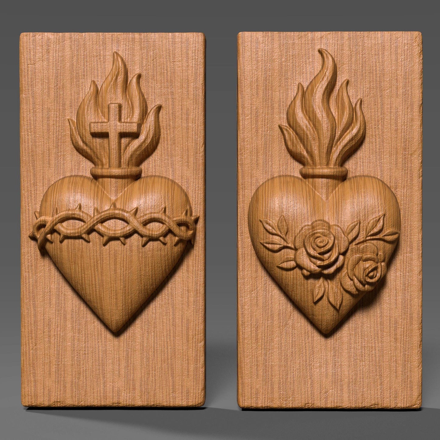 3D bas relief of the Sacred Heart of Jesus and the Immaculate Heart of Mary, featuring detailed flames, cross, crown of thorns, roses, and smooth carved wood texture. Perfect for Christian wall art, Catholic home decor, CNC carving, laser engraving, and religious festival pieces. High-detail digital sculpture for devotion and prayer spaces.