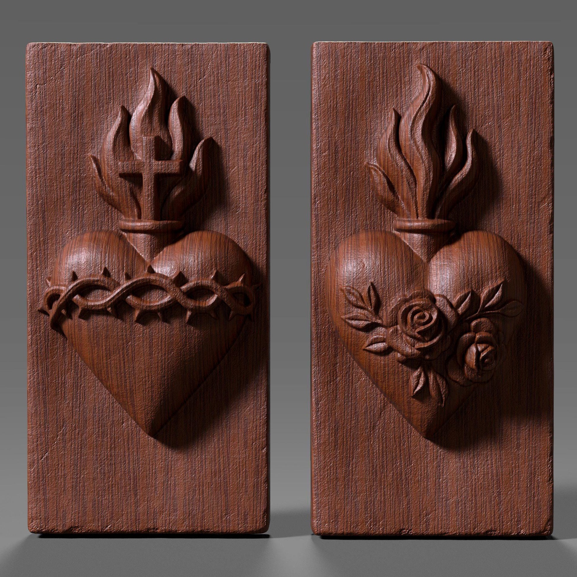 3D bas relief of the Sacred Heart of Jesus and the Immaculate Heart of Mary, featuring detailed flames, cross, crown of thorns, roses, and smooth carved wood texture. Perfect for Christian wall art, Catholic home decor, CNC carving, laser engraving, and religious festival pieces. High-detail digital sculpture for devotion and prayer spaces.