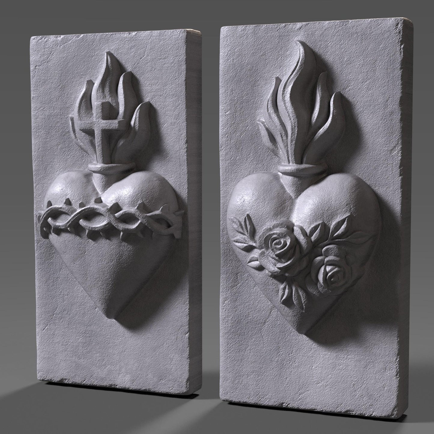 3D bas relief of the Sacred Heart of Jesus and the Immaculate Heart of Mary, featuring detailed flames, cross, crown of thorns, roses, and smooth carved wood texture. Perfect for Christian wall art, Catholic home decor, CNC carving, laser engraving, and religious festival pieces. High-detail digital sculpture for devotion and prayer spaces.