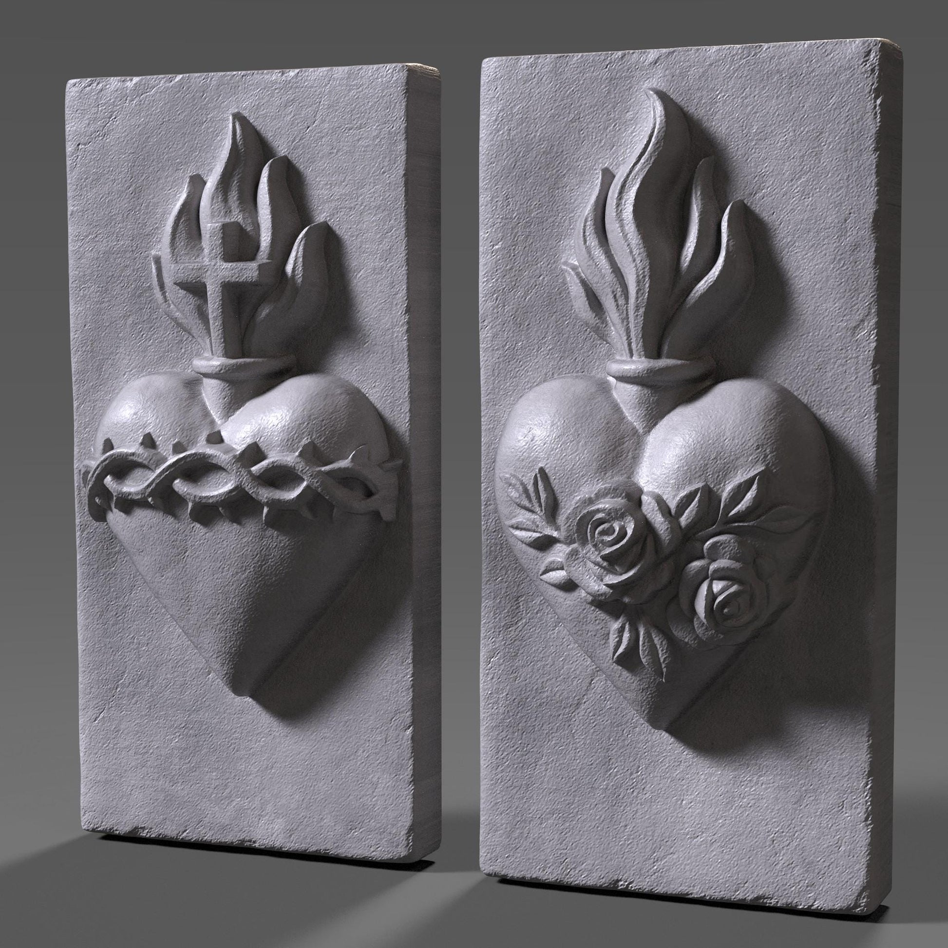 3D bas relief of the Sacred Heart of Jesus and the Immaculate Heart of Mary, featuring detailed flames, cross, crown of thorns, roses, and smooth carved wood texture. Perfect for Christian wall art, Catholic home decor, CNC carving, laser engraving, and religious festival pieces. High-detail digital sculpture for devotion and prayer spaces.