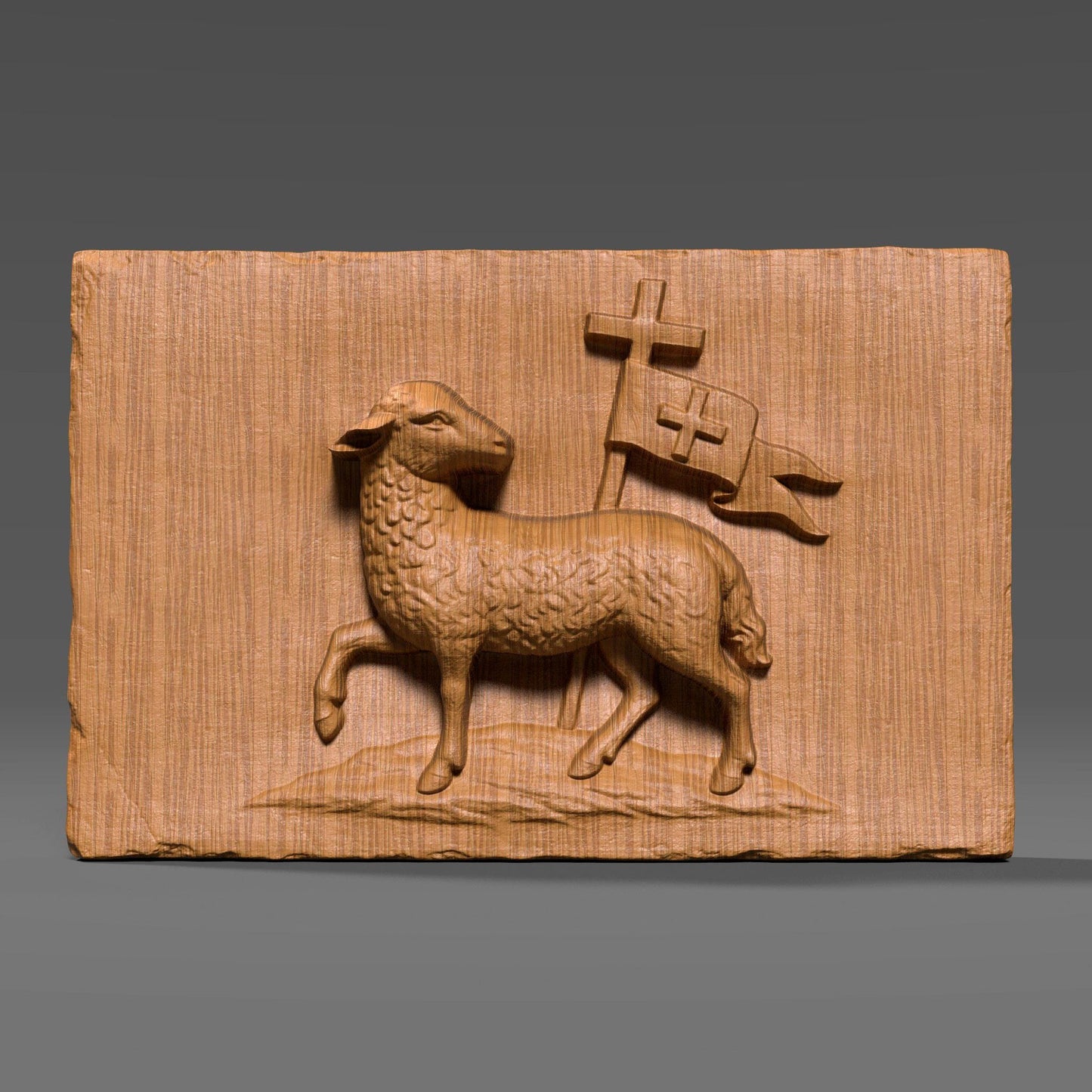 3D bas-relief of the Lamb of God, featuring a sculpted lamb walking on a small hill carrying a Christian resurrection banner with a cross. Detailed wool texture, smooth wood-carved shading, and a rectangular plaque shape ideal for CNC carving, laser engraving, Christian wall décor, and religious artwork.