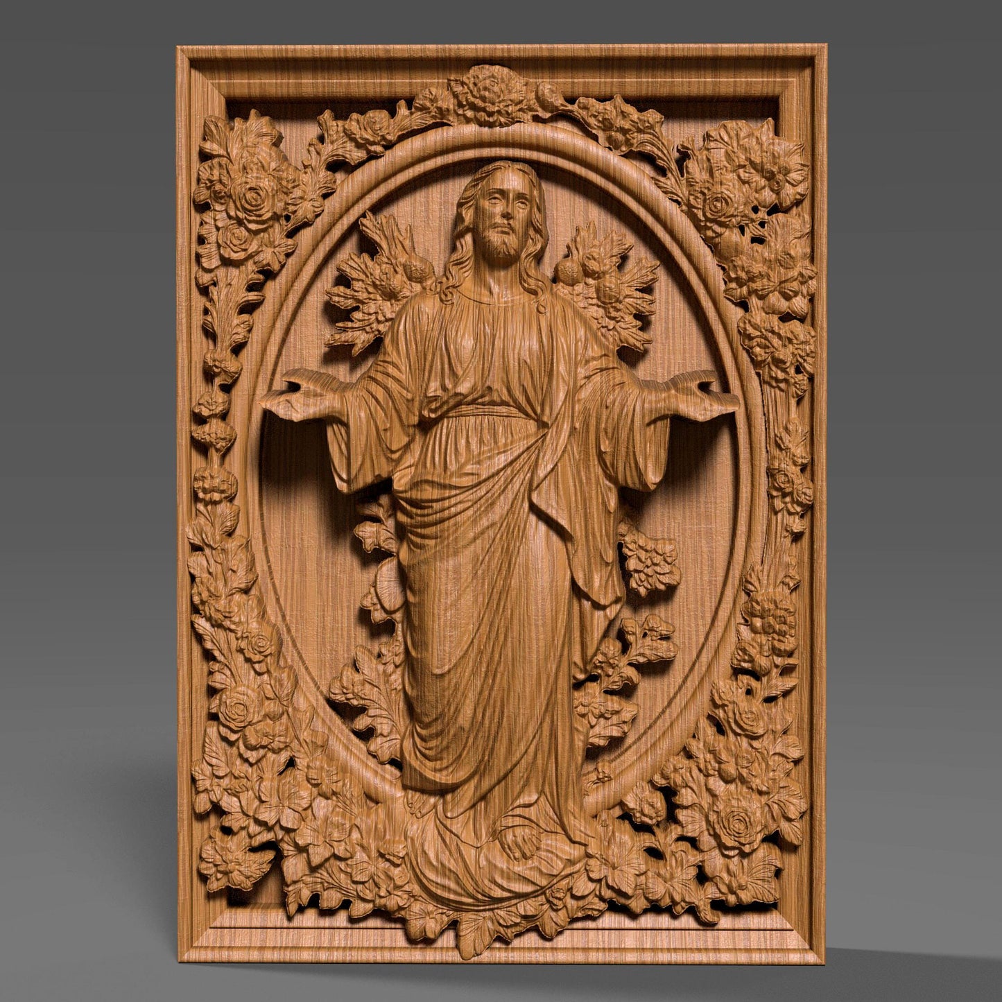 Highly detailed 3D STL relief model of Jesus Christ, designed for CNC wood carving, laser engraving, and 3D printing. This digital download features intricate sculpting with realistic facial details, flowing hair, and a serene expression. The halo behind adds a divine touch, making it ideal for religious decor, Christian gifts, and Easter wall art. Perfect for artisans, woodworkers, and makers creating custom faith-based crafts, wooden sculptures, or church decorations