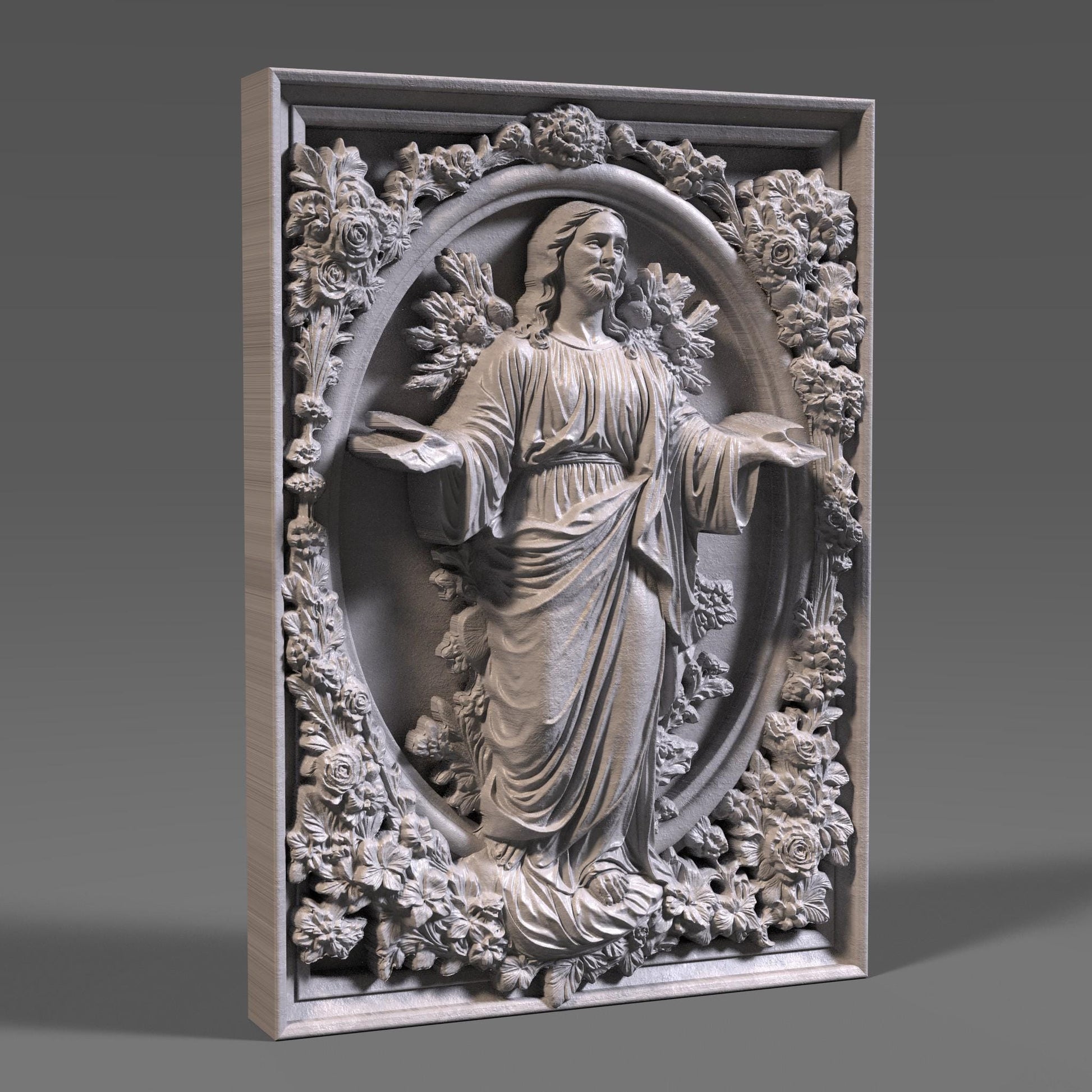 Highly detailed 3D STL relief model of Jesus Christ, designed for CNC wood carving, laser engraving, and 3D printing. This digital download features intricate sculpting with realistic facial details, flowing hair, and a serene expression. The halo behind adds a divine touch, making it ideal for religious decor, Christian gifts, and Easter wall art. Perfect for artisans, woodworkers, and makers creating custom faith-based crafts, wooden sculptures, or church decorations