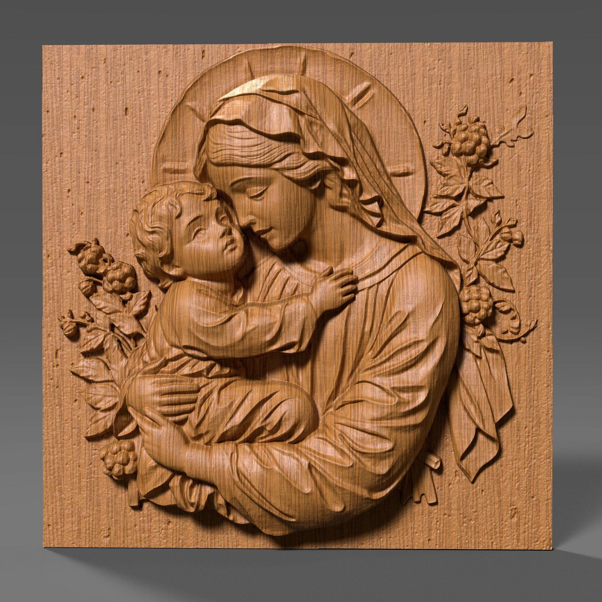 Beautiful 3D STL relief of the Virgin Mary holding baby Jesus, designed for CNC wood carving, laser engraving, and 3D printing. This highly detailed digital download features intricate floral accents and a touching depiction of maternal love and divine grace. Ideal for religious wall art, Christian home decor, and handmade faith-based gifts. Perfect for artisans, woodworkers, and churches looking to create sacred sculptures, devotional pieces, or Easter and Christmas decorations.