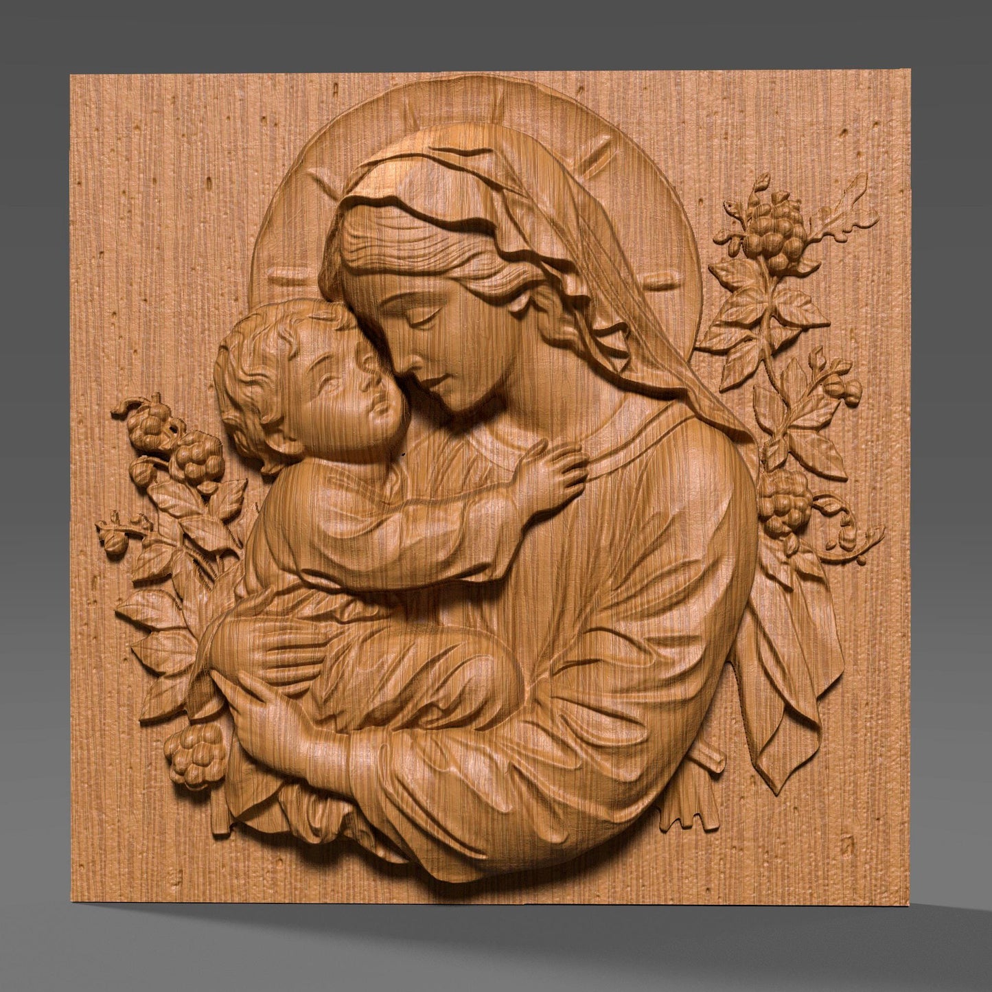 Beautiful 3D STL relief of the Virgin Mary holding baby Jesus, designed for CNC wood carving, laser engraving, and 3D printing. This highly detailed digital download features intricate floral accents and a touching depiction of maternal love and divine grace. Ideal for religious wall art, Christian home decor, and handmade faith-based gifts. Perfect for artisans, woodworkers, and churches looking to create sacred sculptures, devotional pieces, or Easter and Christmas decorations.