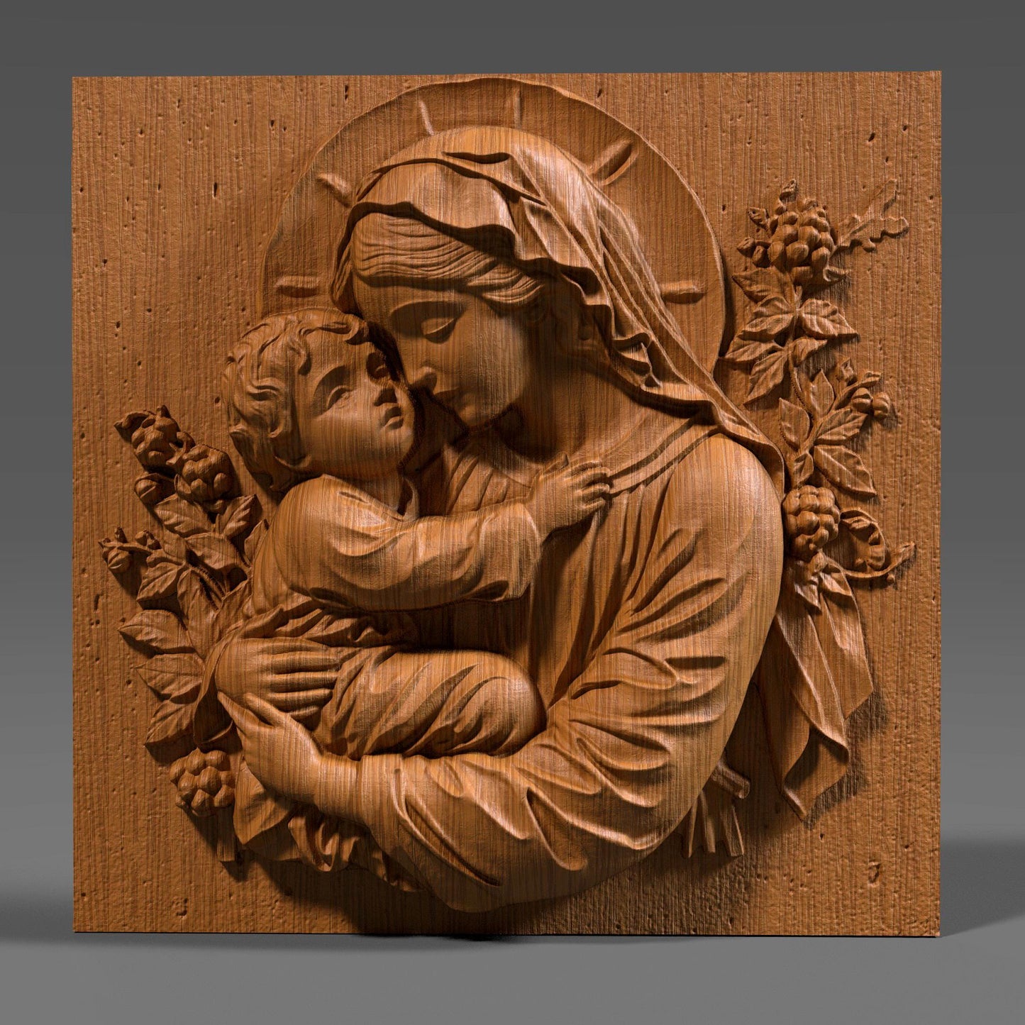 Beautiful 3D STL relief of the Virgin Mary holding baby Jesus, designed for CNC wood carving, laser engraving, and 3D printing. This highly detailed digital download features intricate floral accents and a touching depiction of maternal love and divine grace. Ideal for religious wall art, Christian home decor, and handmade faith-based gifts. Perfect for artisans, woodworkers, and churches looking to create sacred sculptures, devotional pieces, or Easter and Christmas decorations.