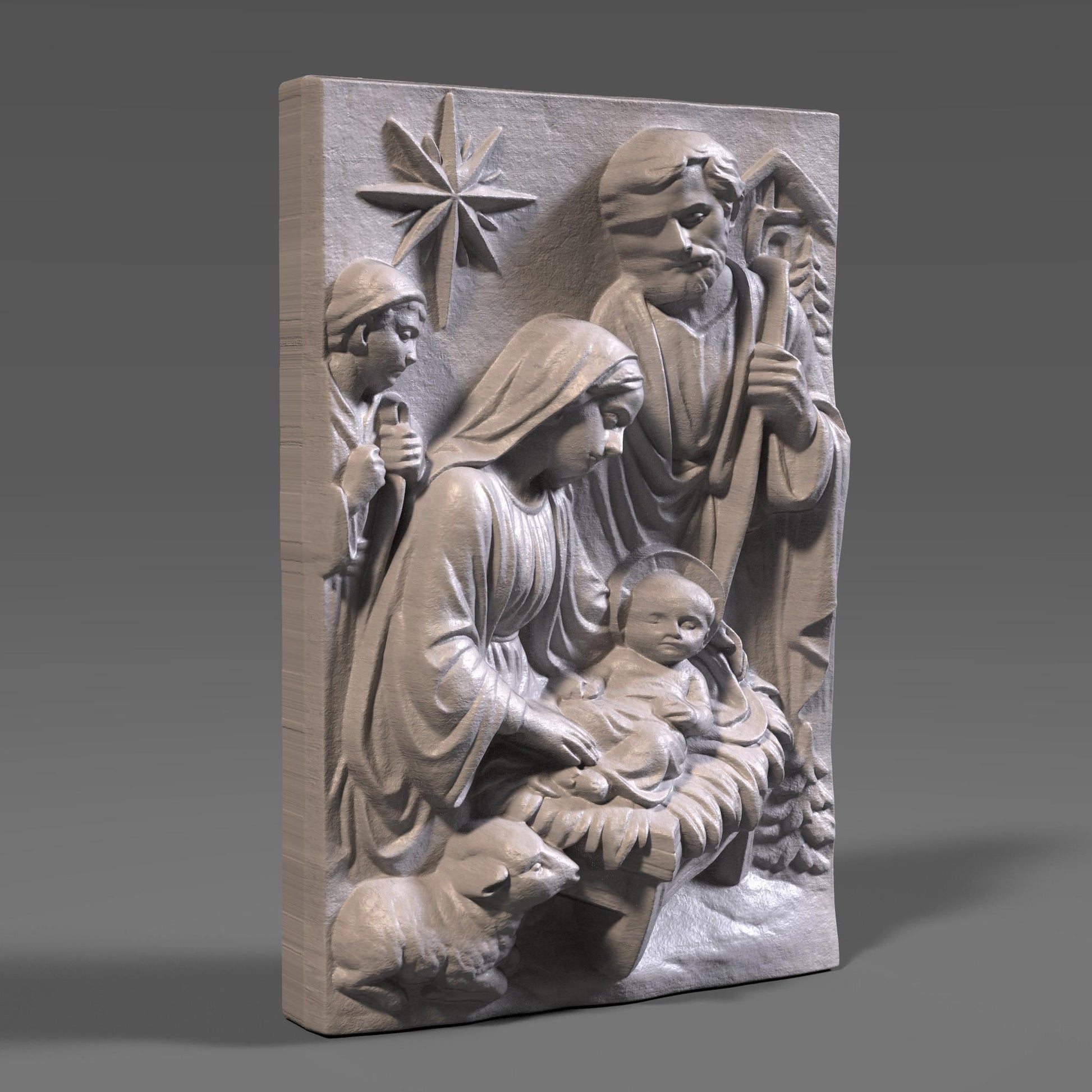 A beautiful Nativity Scene bas-relief featuring Baby Jesus, Mother Mary, and Saint Joseph, sculpted with reverence and fine classical detail. Draped fabrics, the guiding Christmas star, animals, and the manger create a warm spiritual narrative — ideal for Christmas projects, religious displays, churches, gifts, and sacred wall decor.