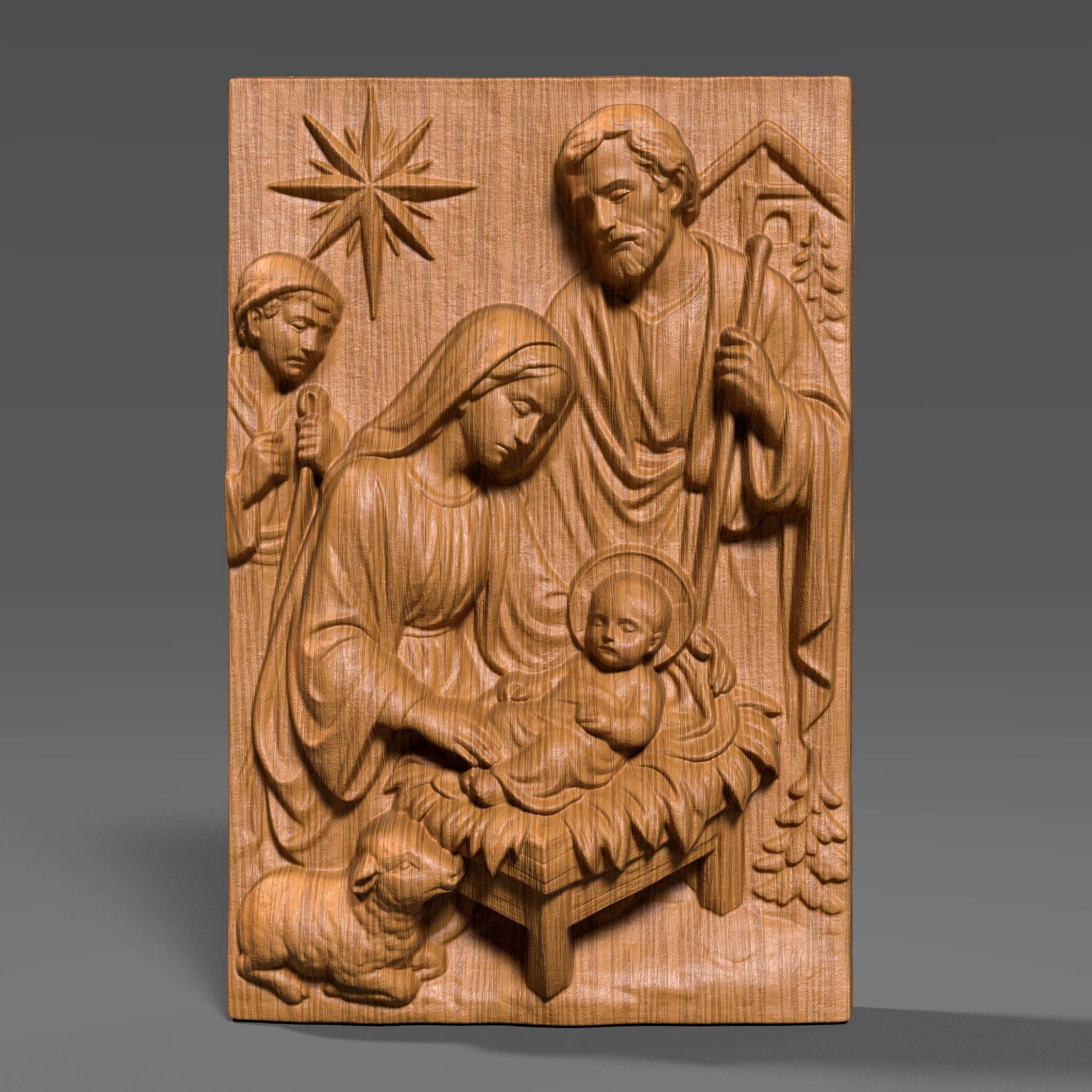 A beautiful Nativity Scene bas-relief featuring Baby Jesus, Mother Mary, and Saint Joseph, sculpted with reverence and fine classical detail. Draped fabrics, the guiding Christmas star, animals, and the manger create a warm spiritual narrative — ideal for Christmas projects, religious displays, churches, gifts, and sacred wall decor.