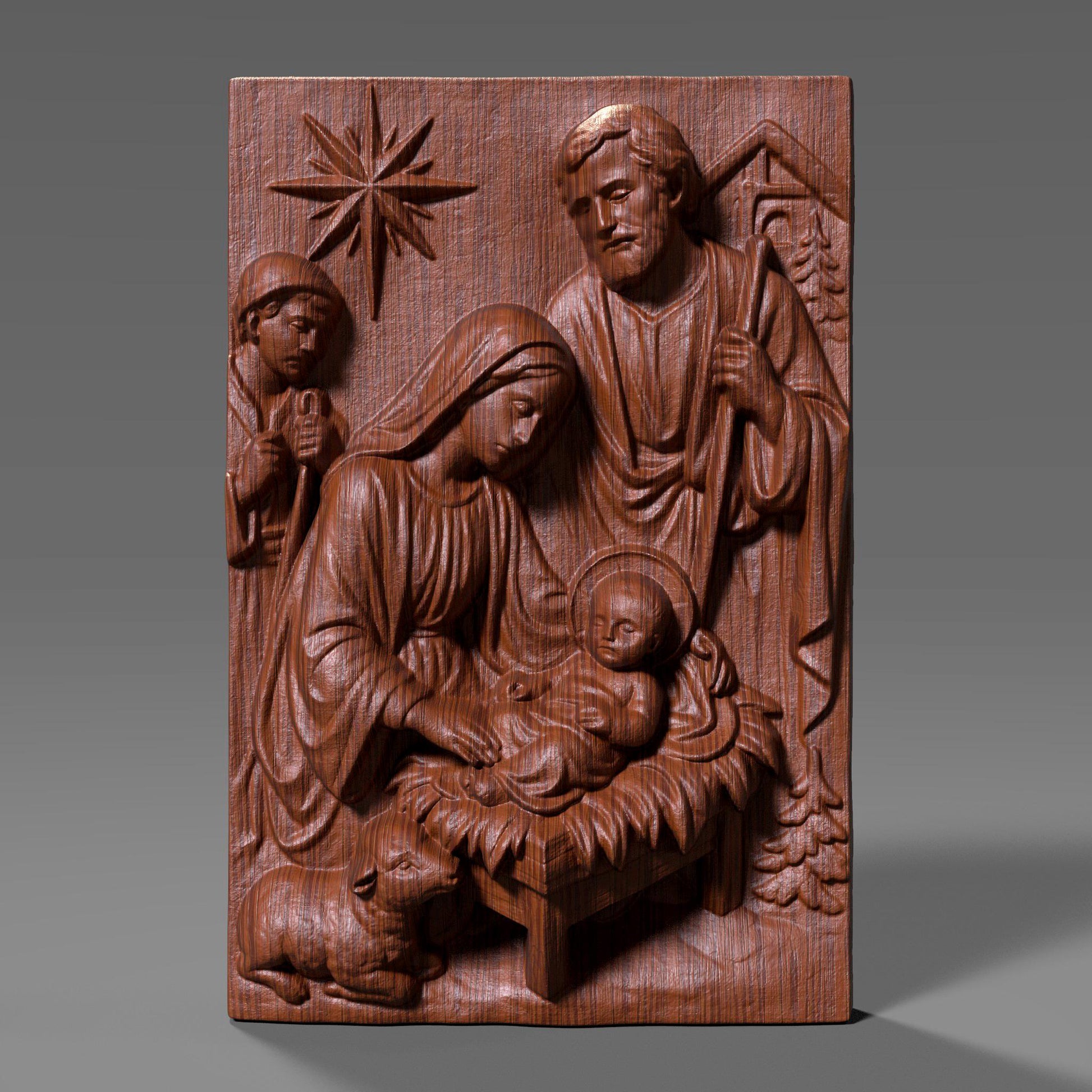 A beautiful Nativity Scene bas-relief featuring Baby Jesus, Mother Mary, and Saint Joseph, sculpted with reverence and fine classical detail. Draped fabrics, the guiding Christmas star, animals, and the manger create a warm spiritual narrative — ideal for Christmas projects, religious displays, churches, gifts, and sacred wall decor.