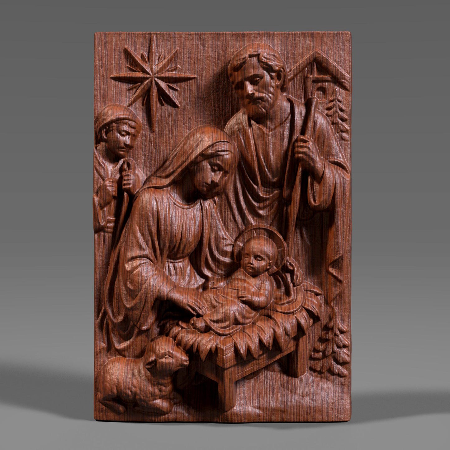 A beautiful Nativity Scene bas-relief featuring Baby Jesus, Mother Mary, and Saint Joseph, sculpted with reverence and fine classical detail. Draped fabrics, the guiding Christmas star, animals, and the manger create a warm spiritual narrative — ideal for Christmas projects, religious displays, churches, gifts, and sacred wall decor.