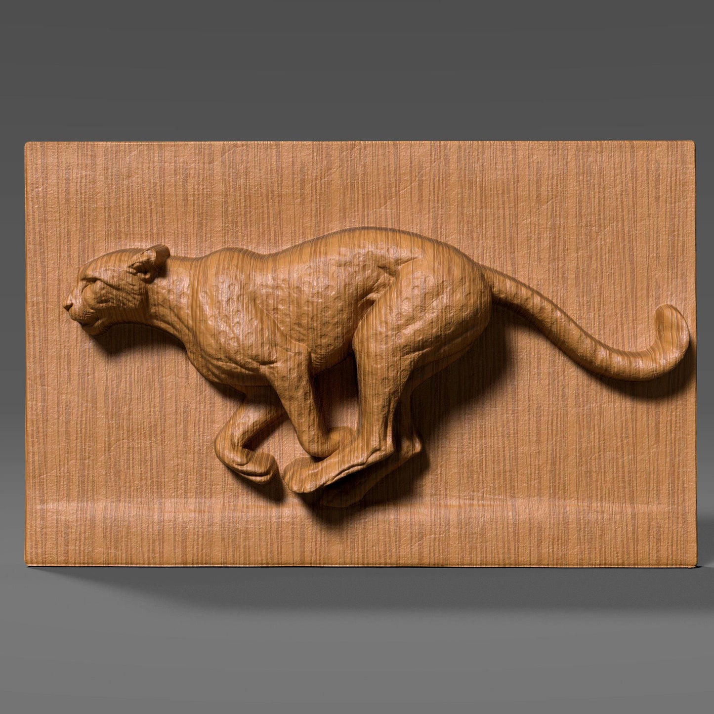 A detailed wood bas-relief sculpture of a running cheetah captured mid-stride, carved in high relief with smooth flowing anatomy and muscular definition. The cheetah is shown in a dynamic side profile against a clean rectangular wood panel, emphasizing speed, strength, and motion. The natural wood grain enhances the sculpted surface, making this wildlife-inspired artwork ideal for CNC carving, animal wall decor, and modern interior display.