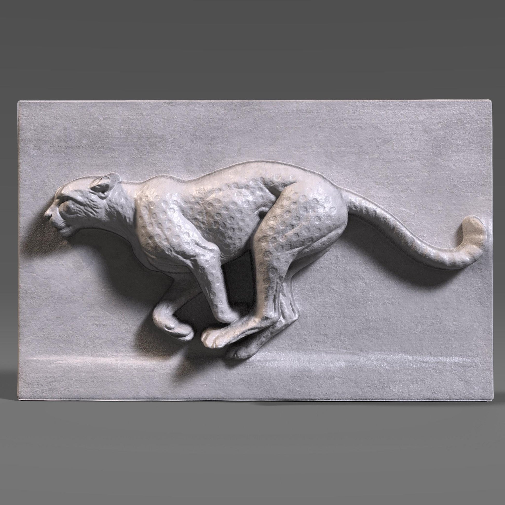 A detailed wood bas-relief sculpture of a running cheetah captured mid-stride, carved in high relief with smooth flowing anatomy and muscular definition. The cheetah is shown in a dynamic side profile against a clean rectangular wood panel, emphasizing speed, strength, and motion. The natural wood grain enhances the sculpted surface, making this wildlife-inspired artwork ideal for CNC carving, animal wall decor, and modern interior display.