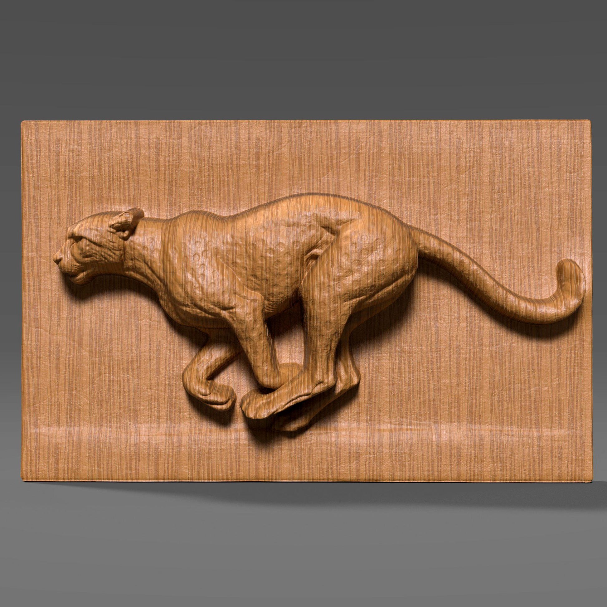 A detailed wood bas-relief sculpture of a running cheetah captured mid-stride, carved in high relief with smooth flowing anatomy and muscular definition. The cheetah is shown in a dynamic side profile against a clean rectangular wood panel, emphasizing speed, strength, and motion. The natural wood grain enhances the sculpted surface, making this wildlife-inspired artwork ideal for CNC carving, animal wall decor, and modern interior display.