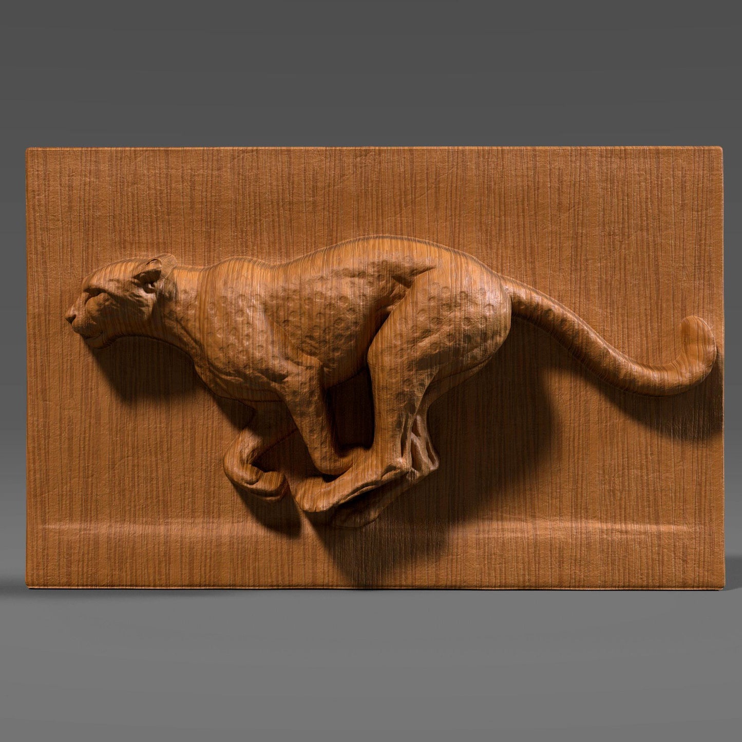 A detailed wood bas-relief sculpture of a running cheetah captured mid-stride, carved in high relief with smooth flowing anatomy and muscular definition. The cheetah is shown in a dynamic side profile against a clean rectangular wood panel, emphasizing speed, strength, and motion. The natural wood grain enhances the sculpted surface, making this wildlife-inspired artwork ideal for CNC carving, animal wall decor, and modern interior display.
