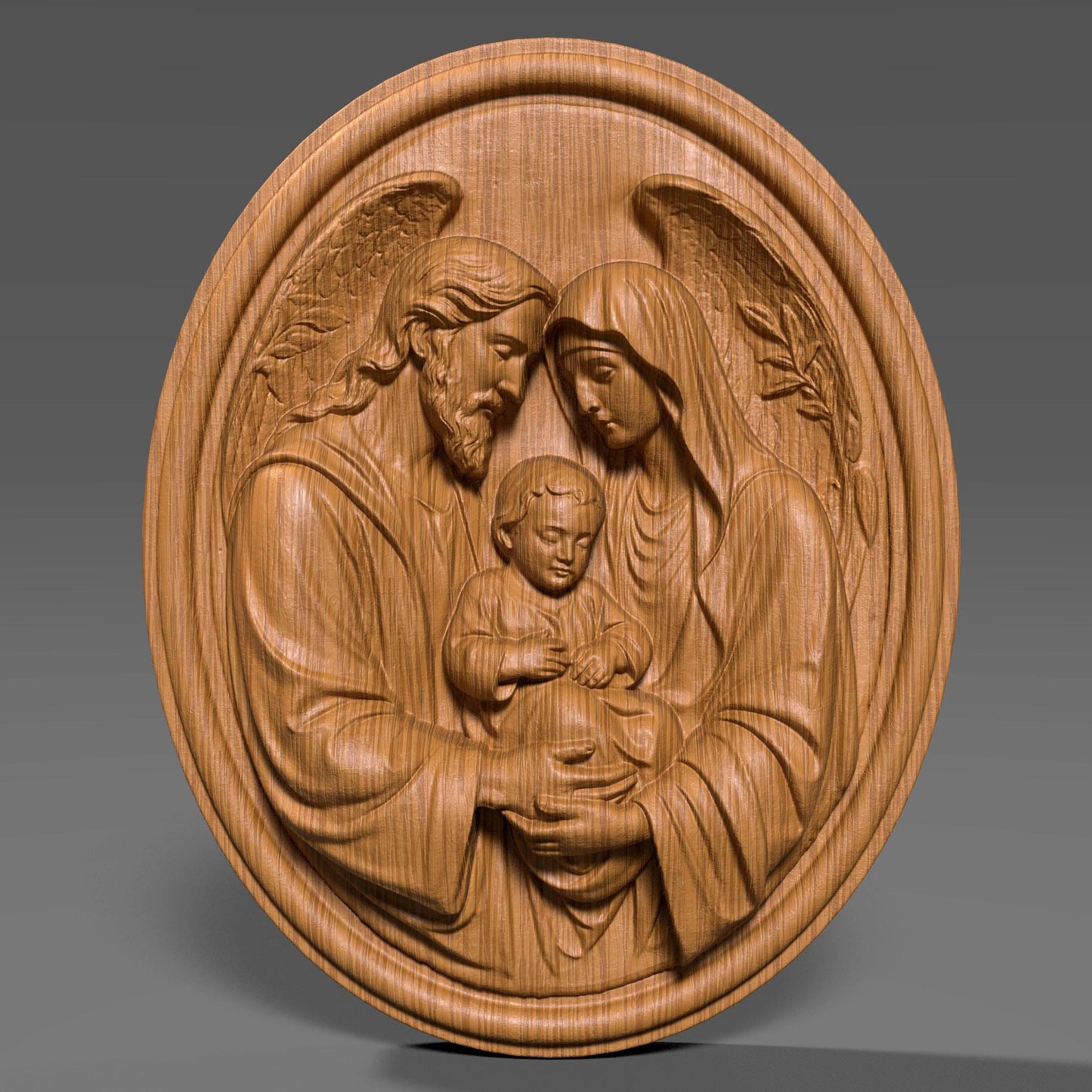 Round Holy Family bas relief wall art depicting Joseph, Mary and child Jesus in a tender sacred pose, detailed clothing folds and angel wings, classical Christian sculpture engraving design for CNC carving, wood art, 3D print or religious home décor, perfect for Christmas, Catholic gift, prayer wall and church artwork.