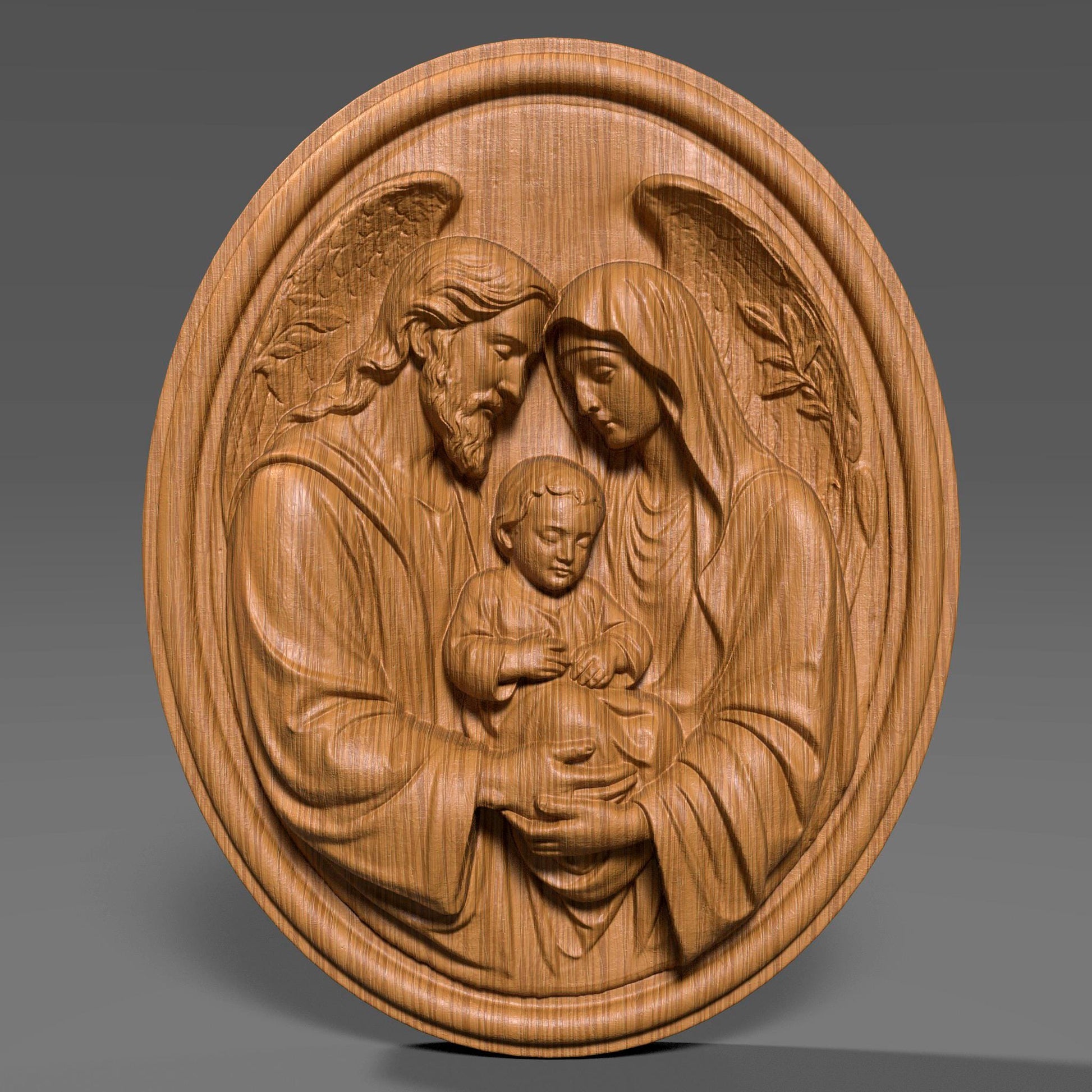 Round Holy Family bas relief wall art depicting Joseph, Mary and child Jesus in a tender sacred pose, detailed clothing folds and angel wings, classical Christian sculpture engraving design for CNC carving, wood art, 3D print or religious home décor, perfect for Christmas, Catholic gift, prayer wall and church artwork.