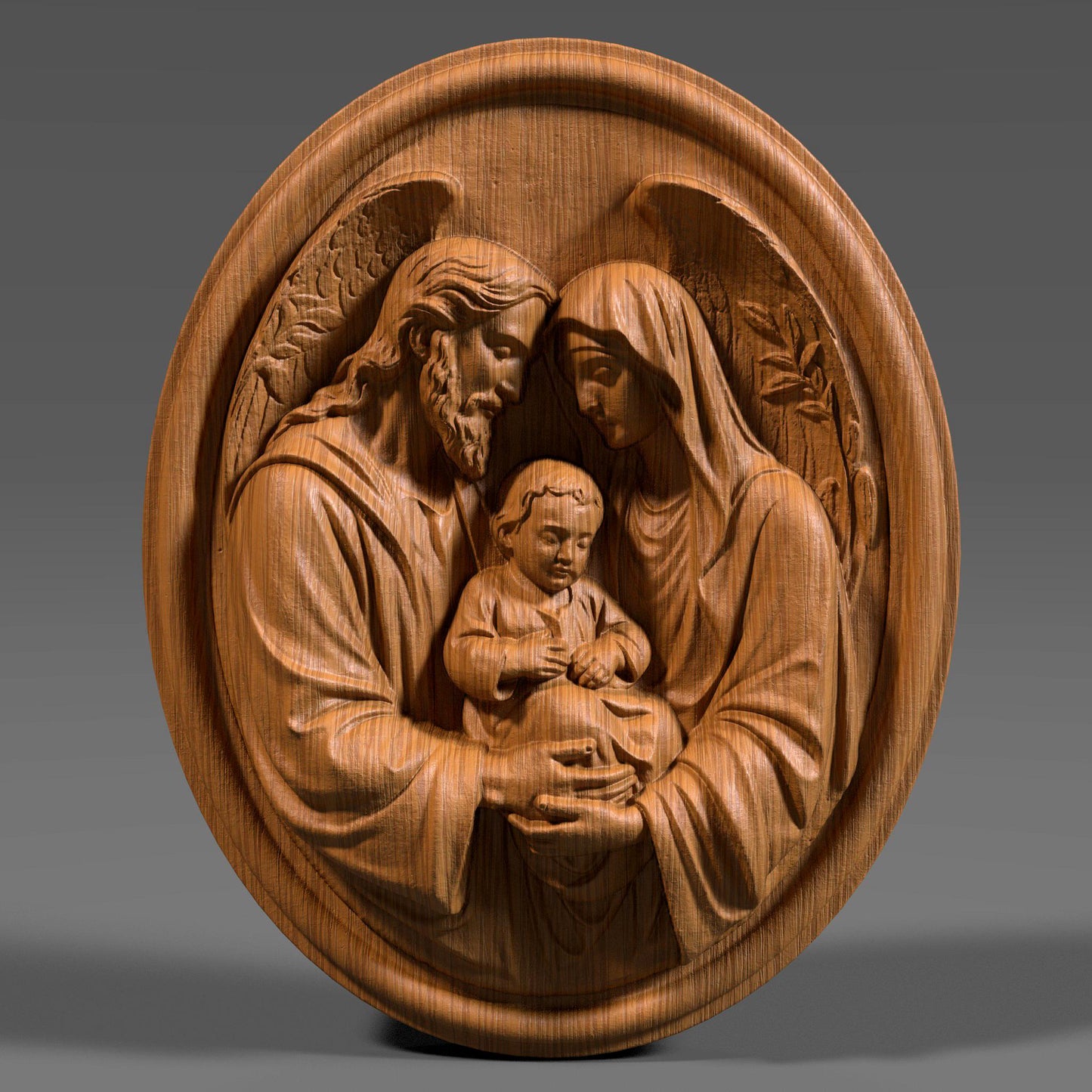 Round Holy Family bas relief wall art depicting Joseph, Mary and child Jesus in a tender sacred pose, detailed clothing folds and angel wings, classical Christian sculpture engraving design for CNC carving, wood art, 3D print or religious home décor, perfect for Christmas, Catholic gift, prayer wall and church artwork.