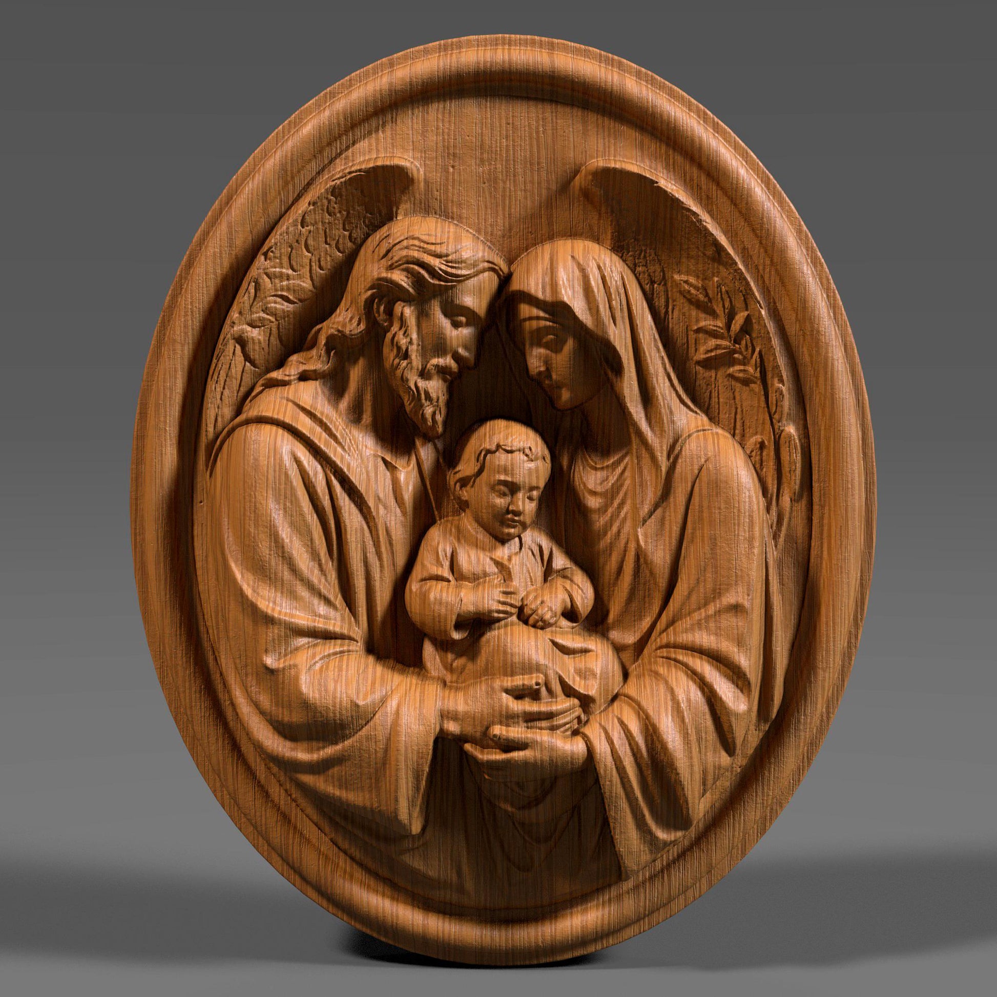 Round Holy Family bas relief wall art depicting Joseph, Mary and child Jesus in a tender sacred pose, detailed clothing folds and angel wings, classical Christian sculpture engraving design for CNC carving, wood art, 3D print or religious home décor, perfect for Christmas, Catholic gift, prayer wall and church artwork.