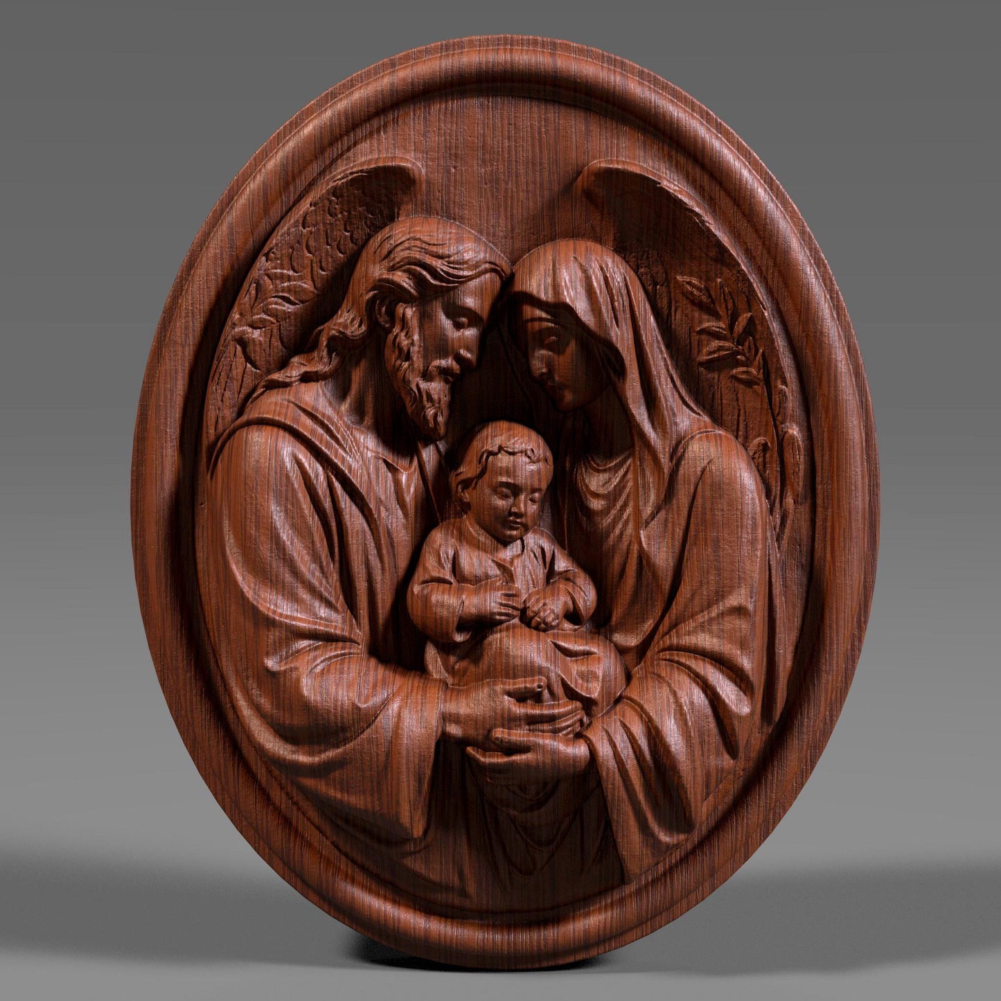 Round Holy Family bas relief wall art depicting Joseph, Mary and child Jesus in a tender sacred pose, detailed clothing folds and angel wings, classical Christian sculpture engraving design for CNC carving, wood art, 3D print or religious home décor, perfect for Christmas, Catholic gift, prayer wall and church artwork.