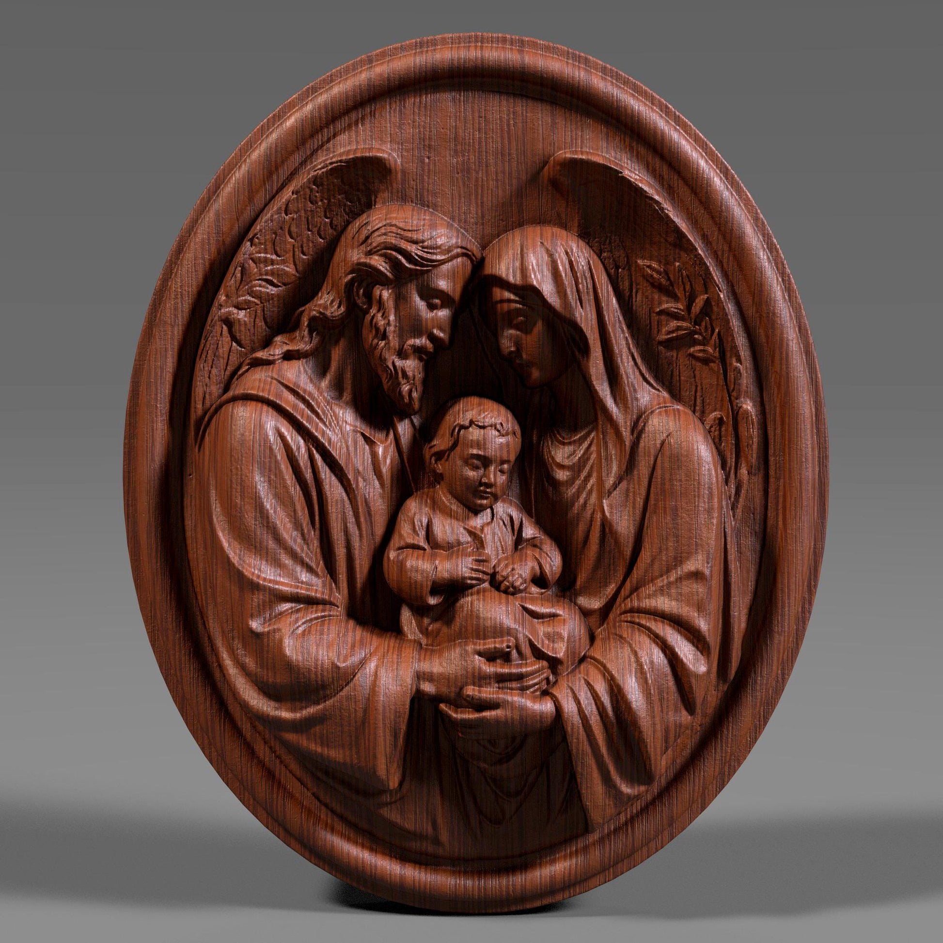 Round Holy Family bas relief wall art depicting Joseph, Mary and child Jesus in a tender sacred pose, detailed clothing folds and angel wings, classical Christian sculpture engraving design for CNC carving, wood art, 3D print or religious home décor, perfect for Christmas, Catholic gift, prayer wall and church artwork.
