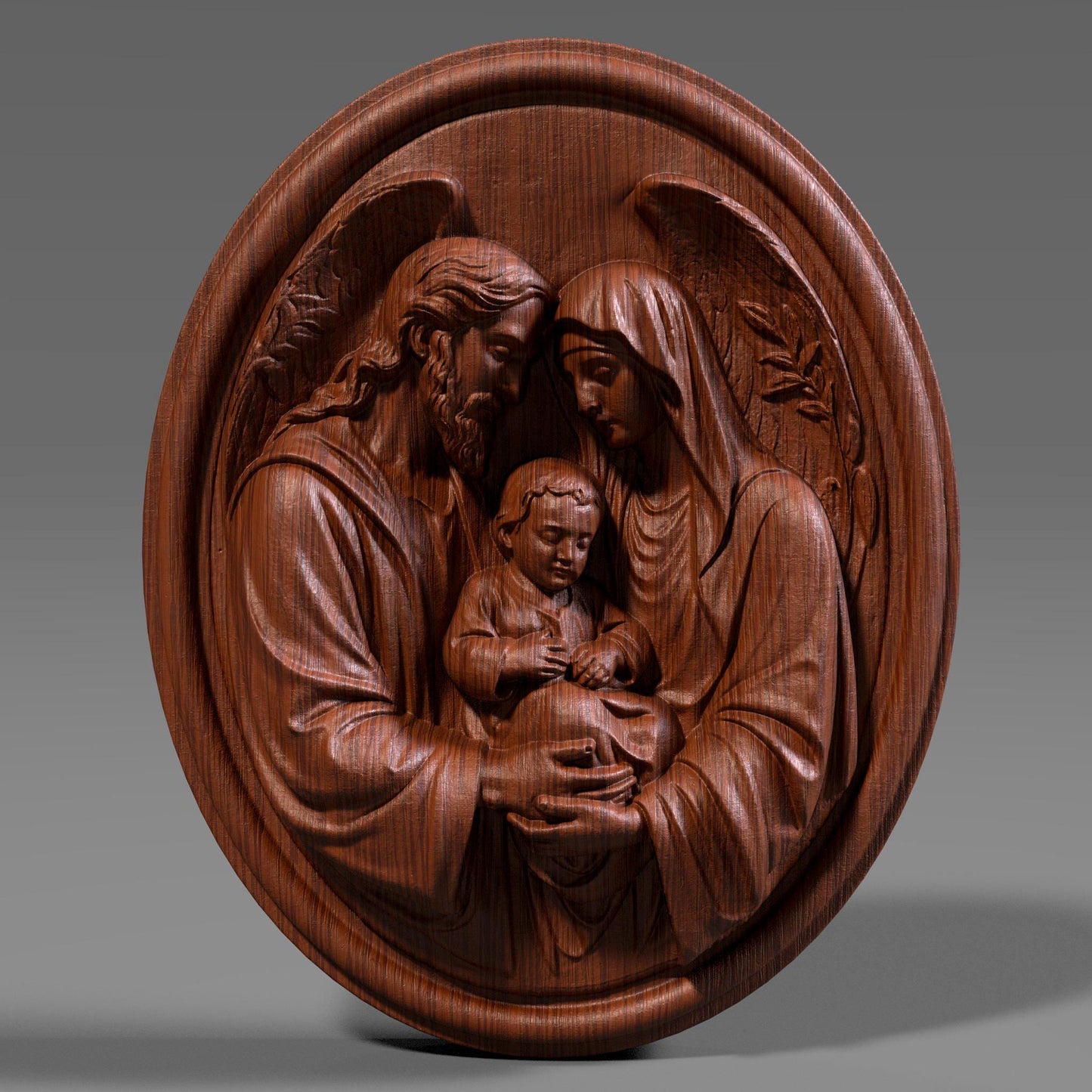 Round Holy Family bas relief wall art depicting Joseph, Mary and child Jesus in a tender sacred pose, detailed clothing folds and angel wings, classical Christian sculpture engraving design for CNC carving, wood art, 3D print or religious home décor, perfect for Christmas, Catholic gift, prayer wall and church artwork.