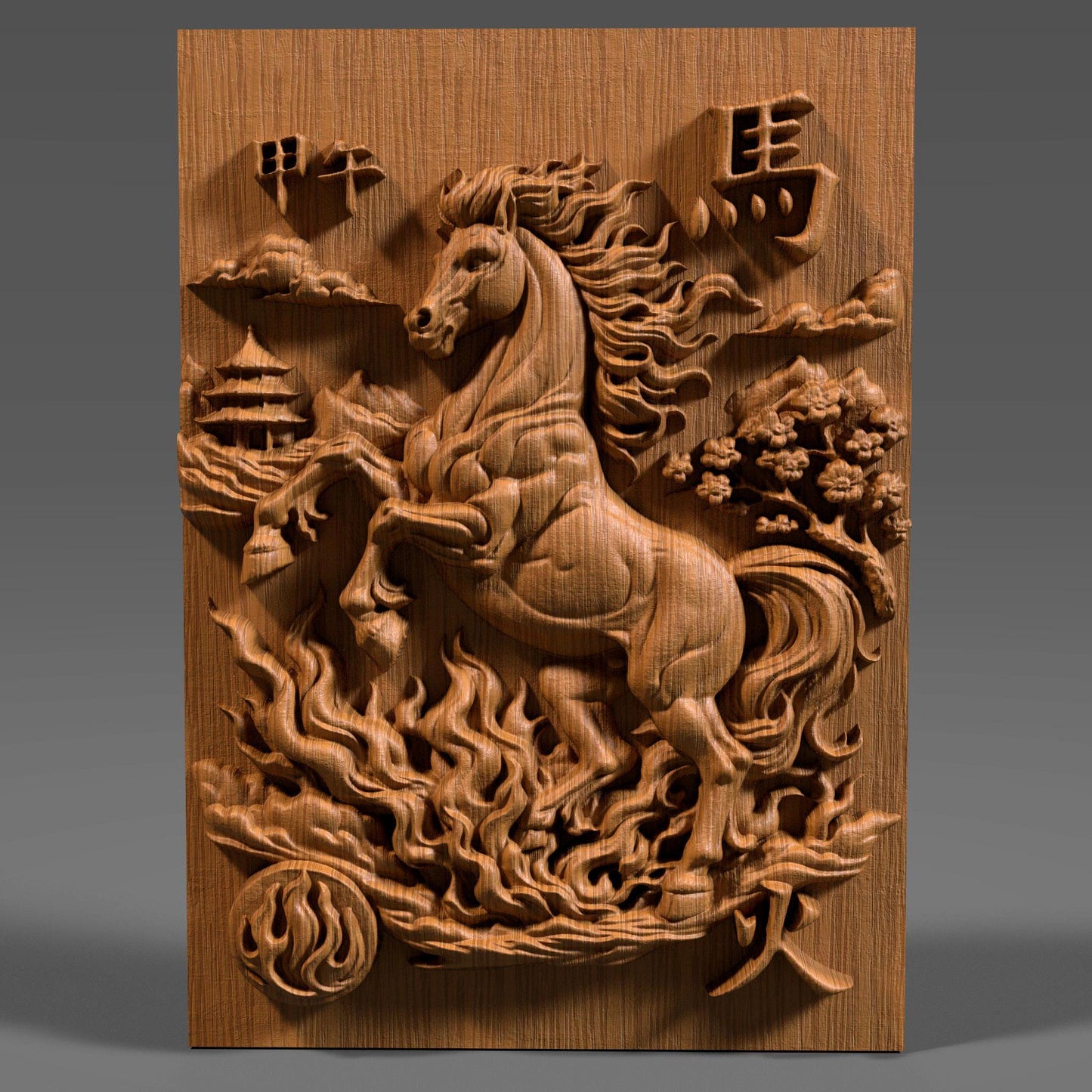 Wooden bas-relief wall art featuring the Chinese Zodiac Year of the Fire Horse, with a powerful rearing horse carved in deep relief at the center. The design includes flowing flame patterns, cloud motifs, traditional Chinese architecture, and engraved Chinese characters, all rendered in rich carved wood texture with smooth depth transitions. Decorative circular and rectangular compositions suitable for CNC carving, wood engraving, and premium wall decor.