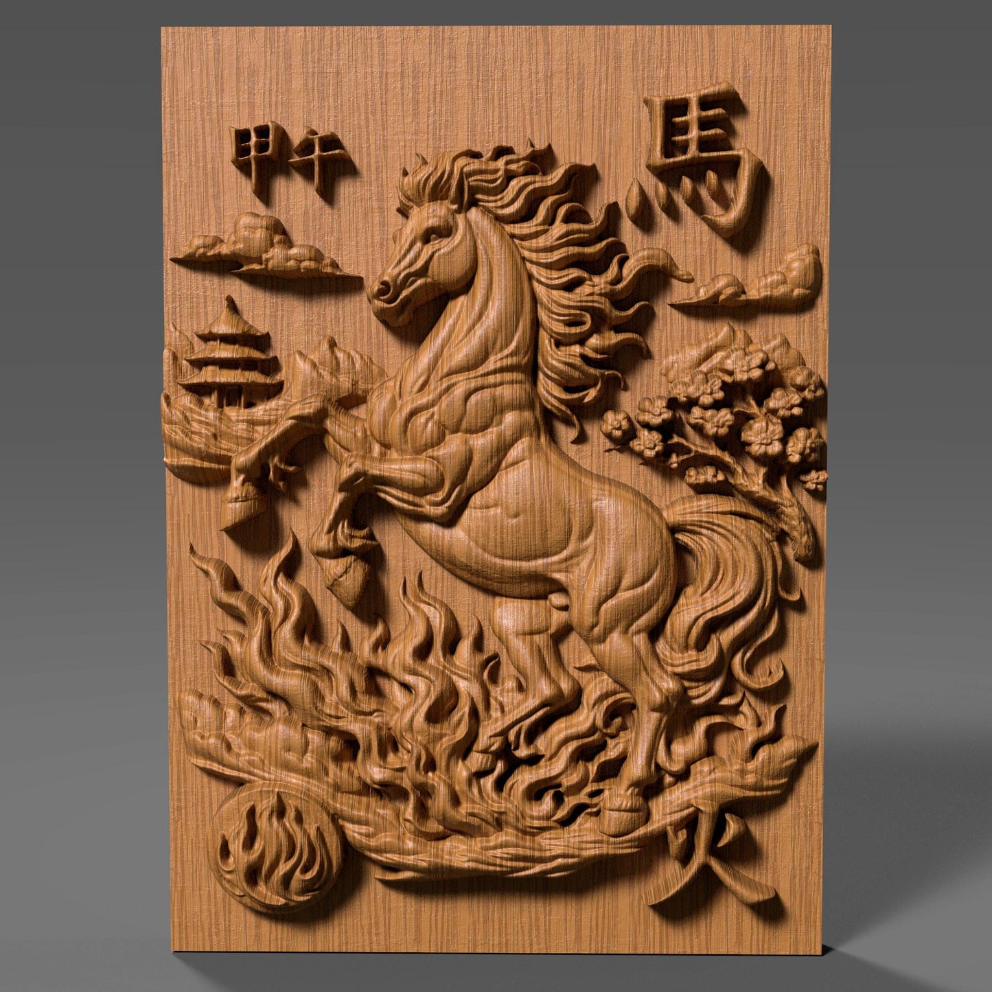 Wooden bas-relief wall art featuring the Chinese Zodiac Year of the Fire Horse, with a powerful rearing horse carved in deep relief at the center. The design includes flowing flame patterns, cloud motifs, traditional Chinese architecture, and engraved Chinese characters, all rendered in rich carved wood texture with smooth depth transitions. Decorative circular and rectangular compositions suitable for CNC carving, wood engraving, and premium wall decor.