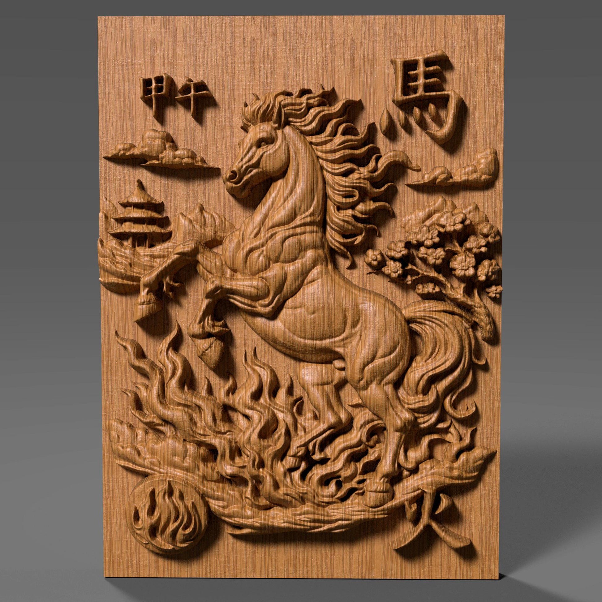 Wooden bas-relief wall art featuring the Chinese Zodiac Year of the Fire Horse, with a powerful rearing horse carved in deep relief at the center. The design includes flowing flame patterns, cloud motifs, traditional Chinese architecture, and engraved Chinese characters, all rendered in rich carved wood texture with smooth depth transitions. Decorative circular and rectangular compositions suitable for CNC carving, wood engraving, and premium wall decor.