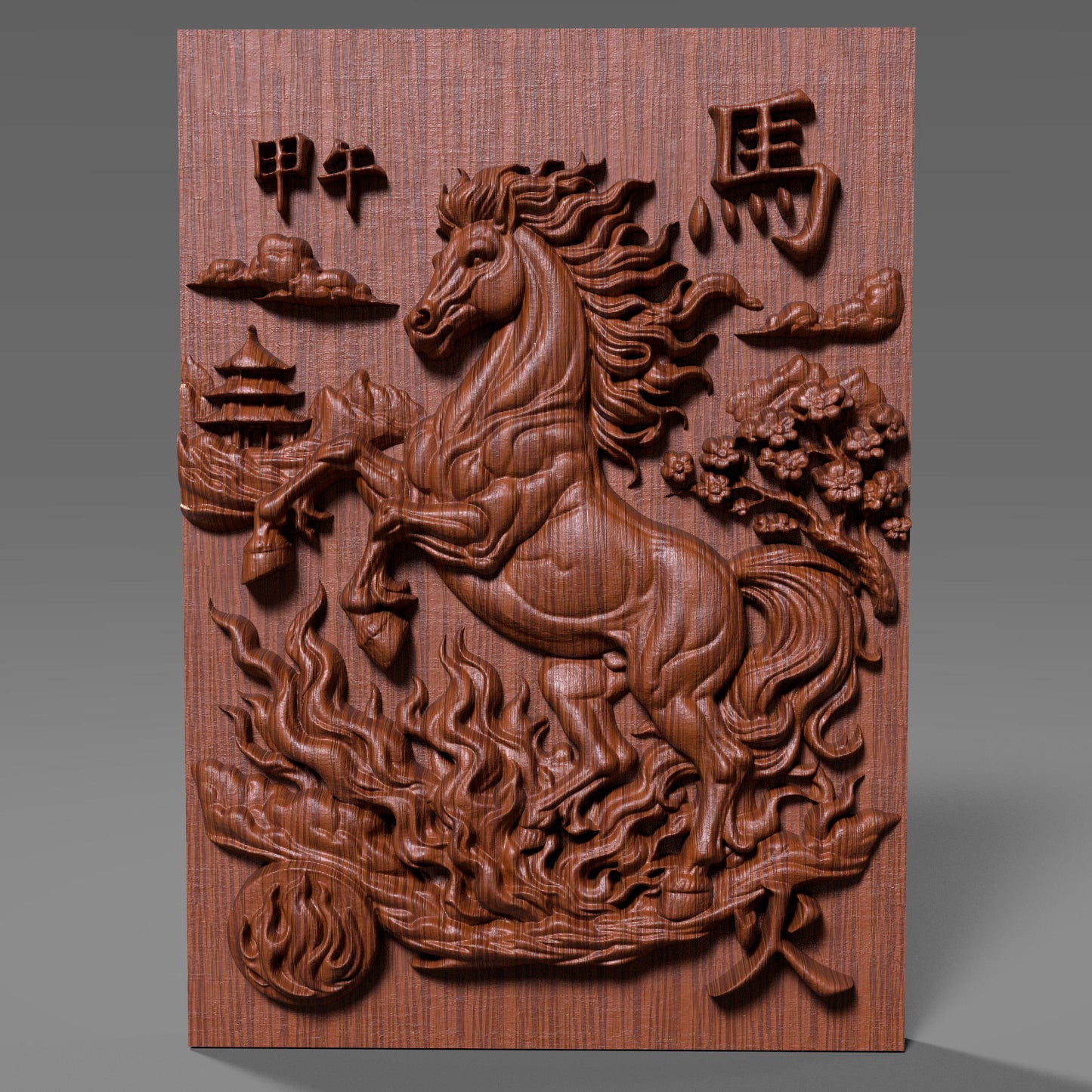 Wooden bas-relief wall art featuring the Chinese Zodiac Year of the Fire Horse, with a powerful rearing horse carved in deep relief at the center. The design includes flowing flame patterns, cloud motifs, traditional Chinese architecture, and engraved Chinese characters, all rendered in rich carved wood texture with smooth depth transitions. Decorative circular and rectangular compositions suitable for CNC carving, wood engraving, and premium wall decor.