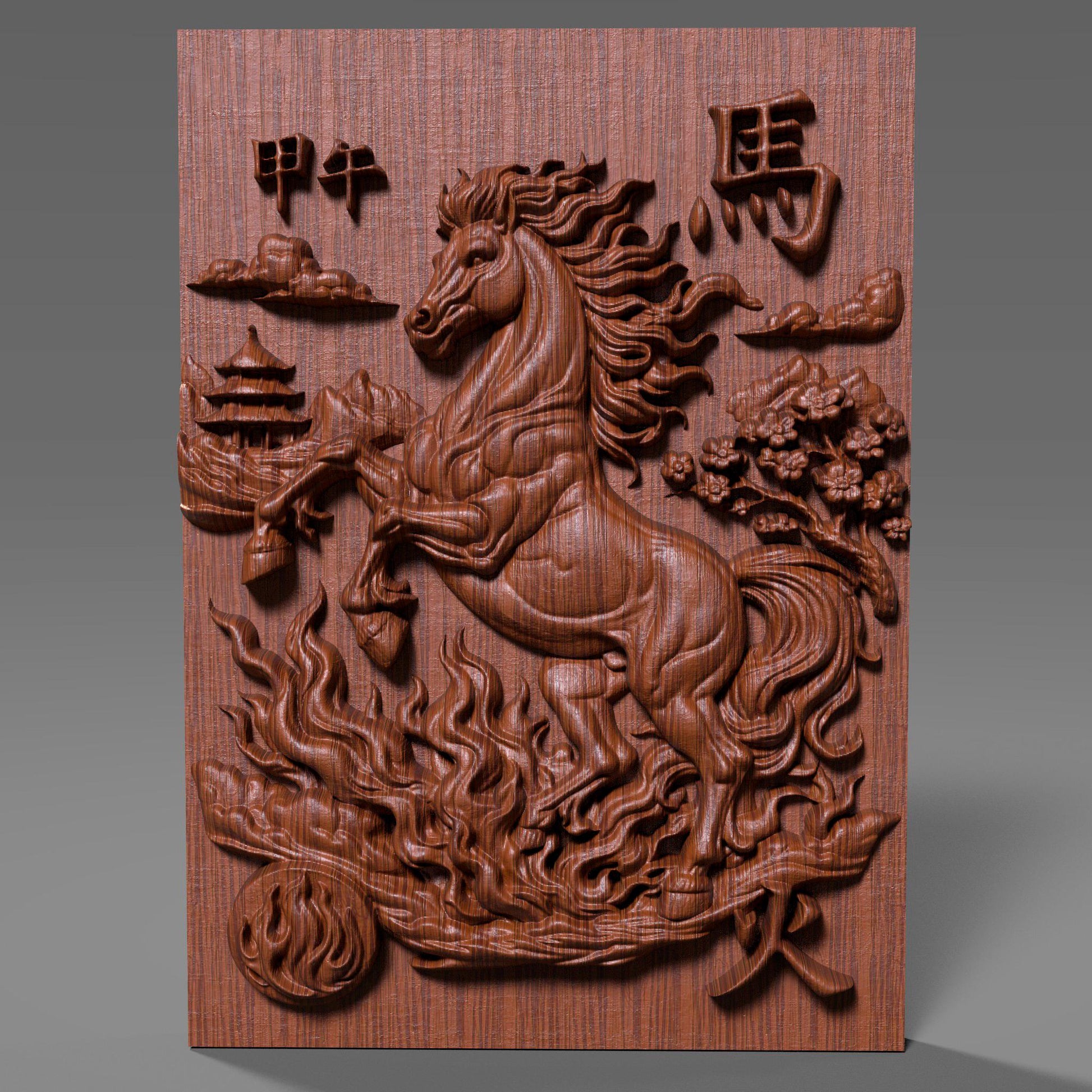 Wooden bas-relief wall art featuring the Chinese Zodiac Year of the Fire Horse, with a powerful rearing horse carved in deep relief at the center. The design includes flowing flame patterns, cloud motifs, traditional Chinese architecture, and engraved Chinese characters, all rendered in rich carved wood texture with smooth depth transitions. Decorative circular and rectangular compositions suitable for CNC carving, wood engraving, and premium wall decor.