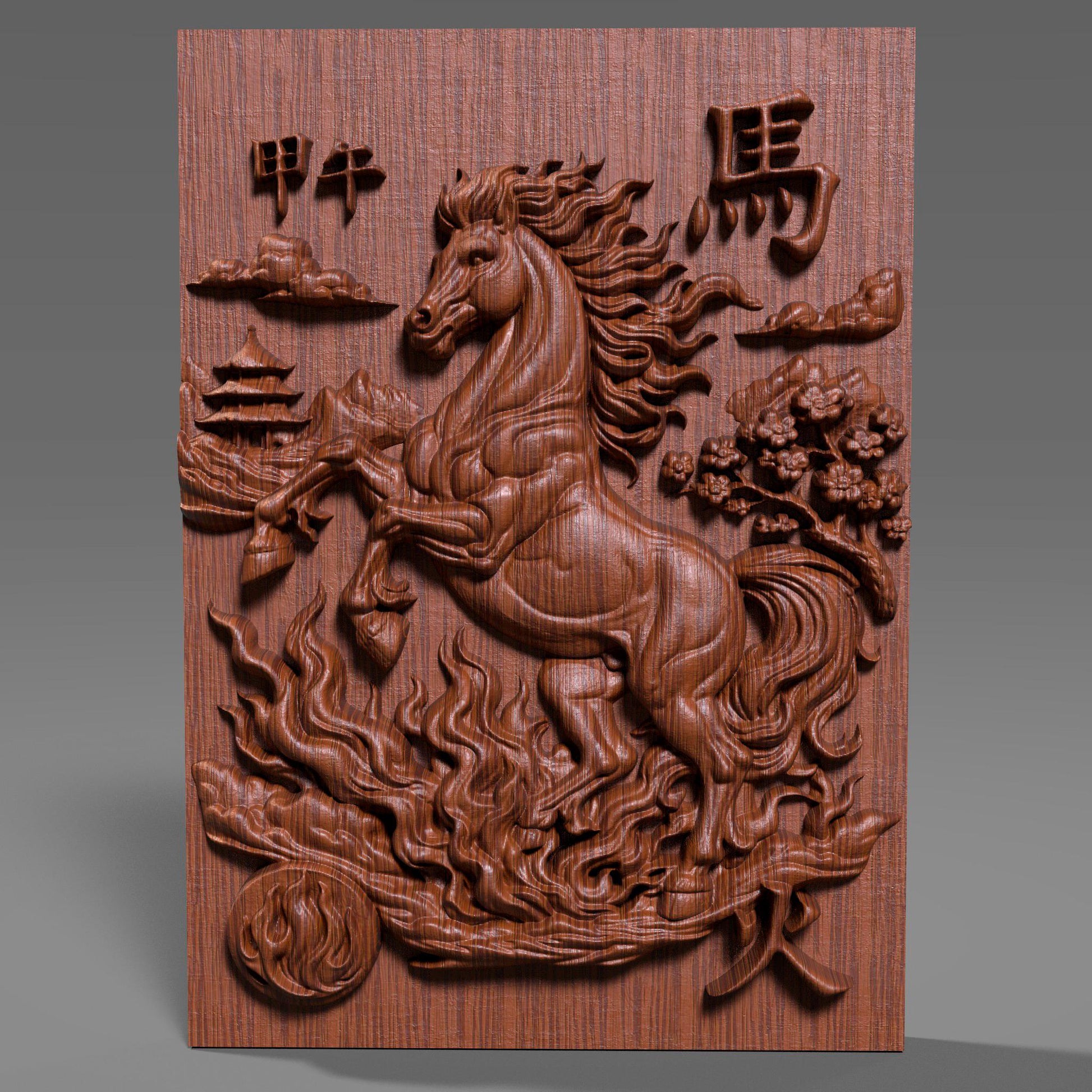Wooden bas-relief wall art featuring the Chinese Zodiac Year of the Fire Horse, with a powerful rearing horse carved in deep relief at the center. The design includes flowing flame patterns, cloud motifs, traditional Chinese architecture, and engraved Chinese characters, all rendered in rich carved wood texture with smooth depth transitions. Decorative circular and rectangular compositions suitable for CNC carving, wood engraving, and premium wall decor.