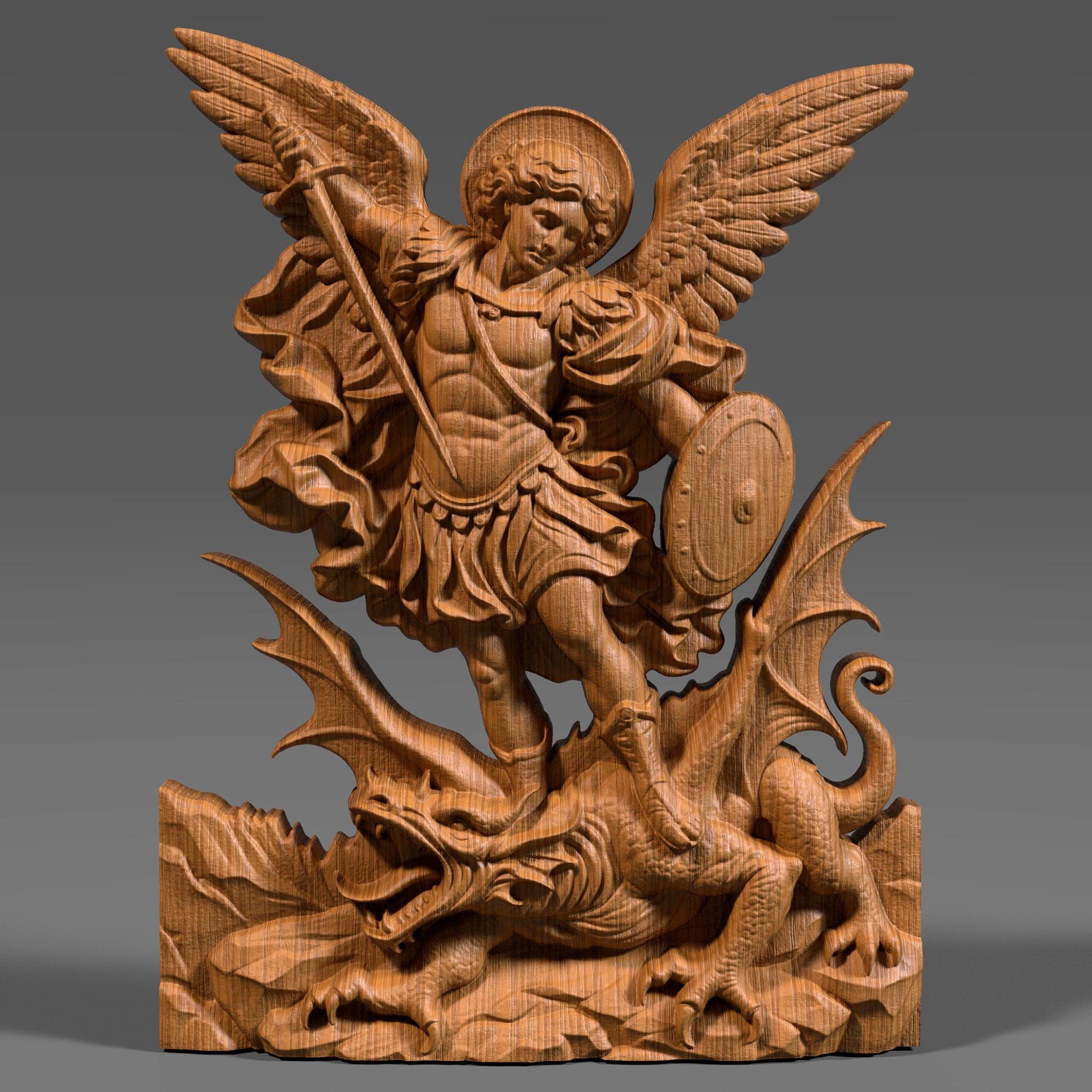 Wooden bas-relief wall art depicting Archangel Michael in dynamic motion, carved in deep relief. The winged angel holds a raised sword and shield while standing triumphantly over a defeated dragon beneath his feet. Flowing robes, detailed feathers, and dramatic cloud forms surround the figure. Rendered in rich carved wood texture with smooth depth transitions, suitable for CNC carving, wood engraving, and religious Christian wall décor.