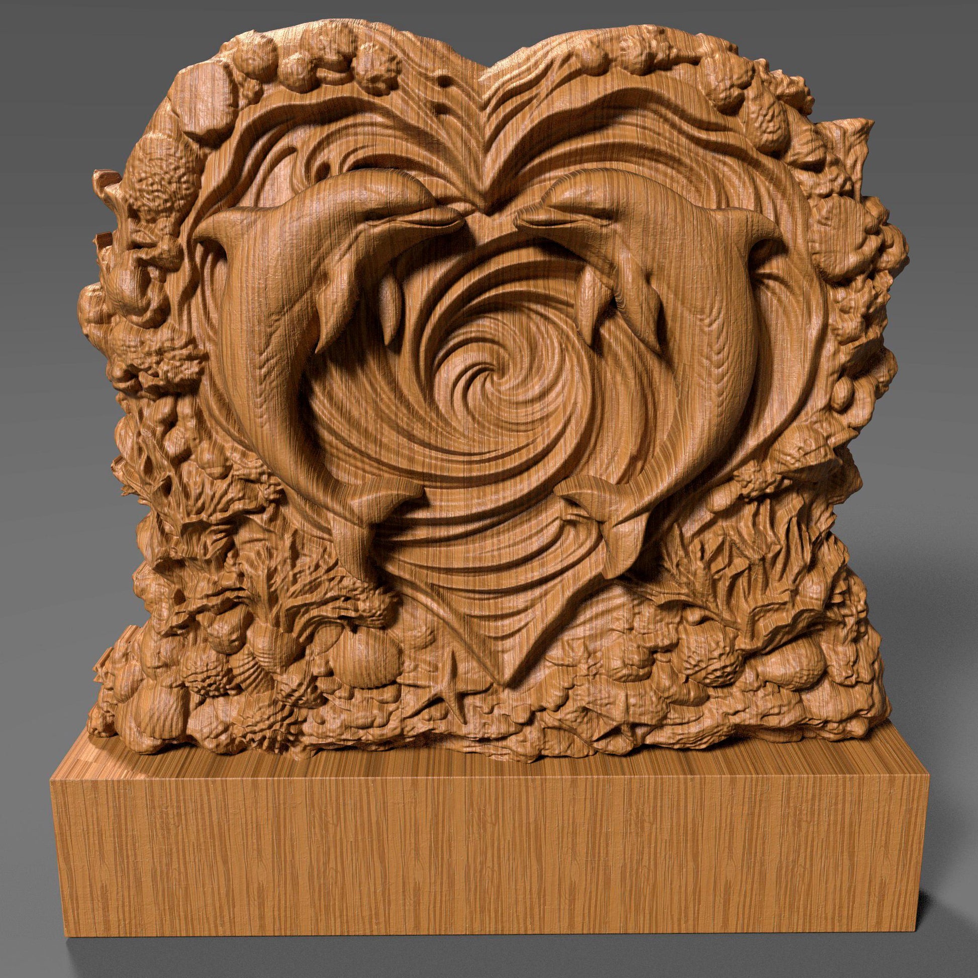 Heart-shaped wooden bas-relief sculpture featuring two dolphins swimming inward to form a romantic heart shape, carved in deep relief with flowing ocean wave spirals at the center. The surrounding border includes detailed coral, shells, and sea elements, symbolizing love and harmony. Rich wood texture with smooth depth transitions, ideal for Valentine’s Day decor, CNC carving, and romantic wall art.