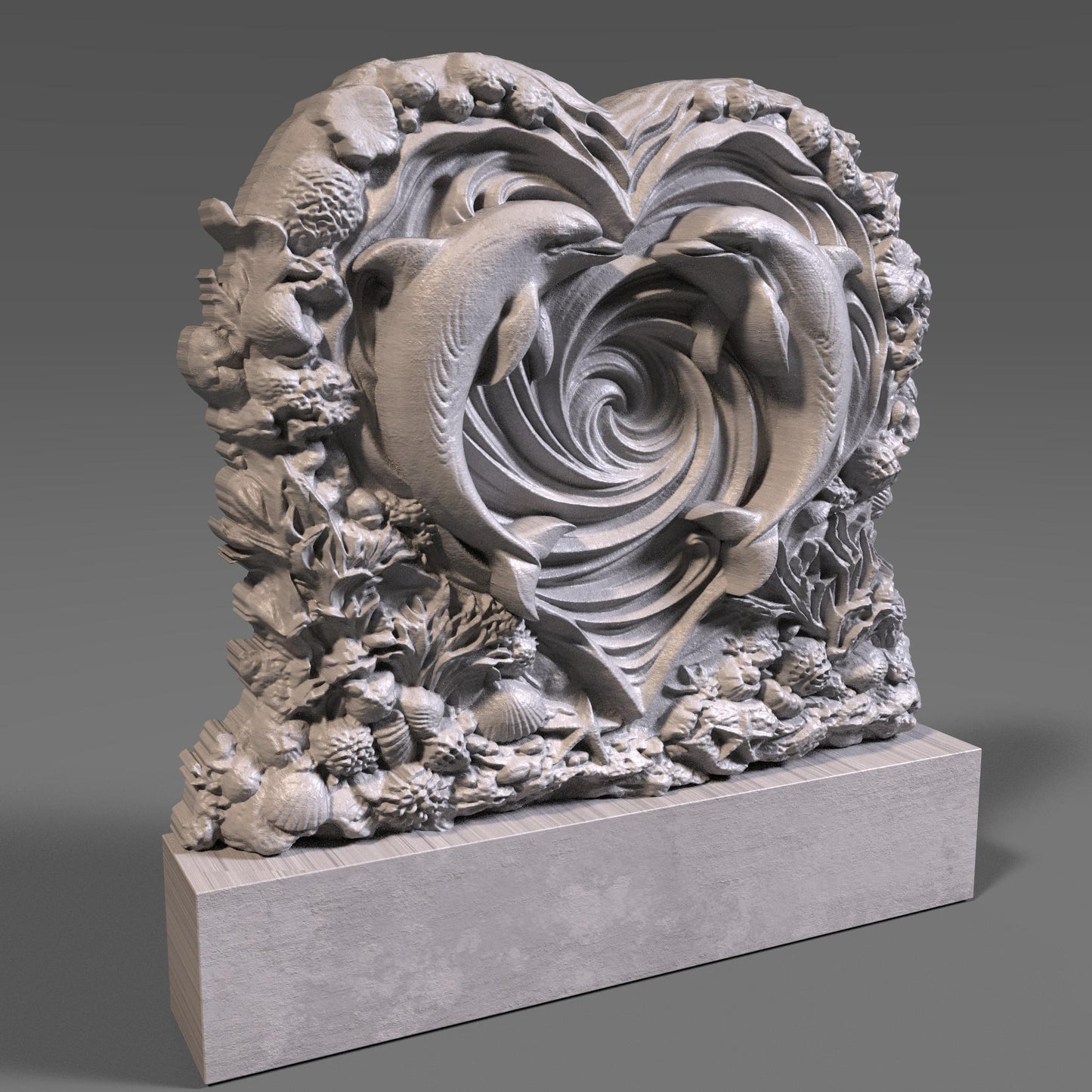 Heart-shaped wooden bas-relief sculpture featuring two dolphins swimming inward to form a romantic heart shape, carved in deep relief with flowing ocean wave spirals at the center. The surrounding border includes detailed coral, shells, and sea elements, symbolizing love and harmony. Rich wood texture with smooth depth transitions, ideal for Valentine’s Day decor, CNC carving, and romantic wall art.