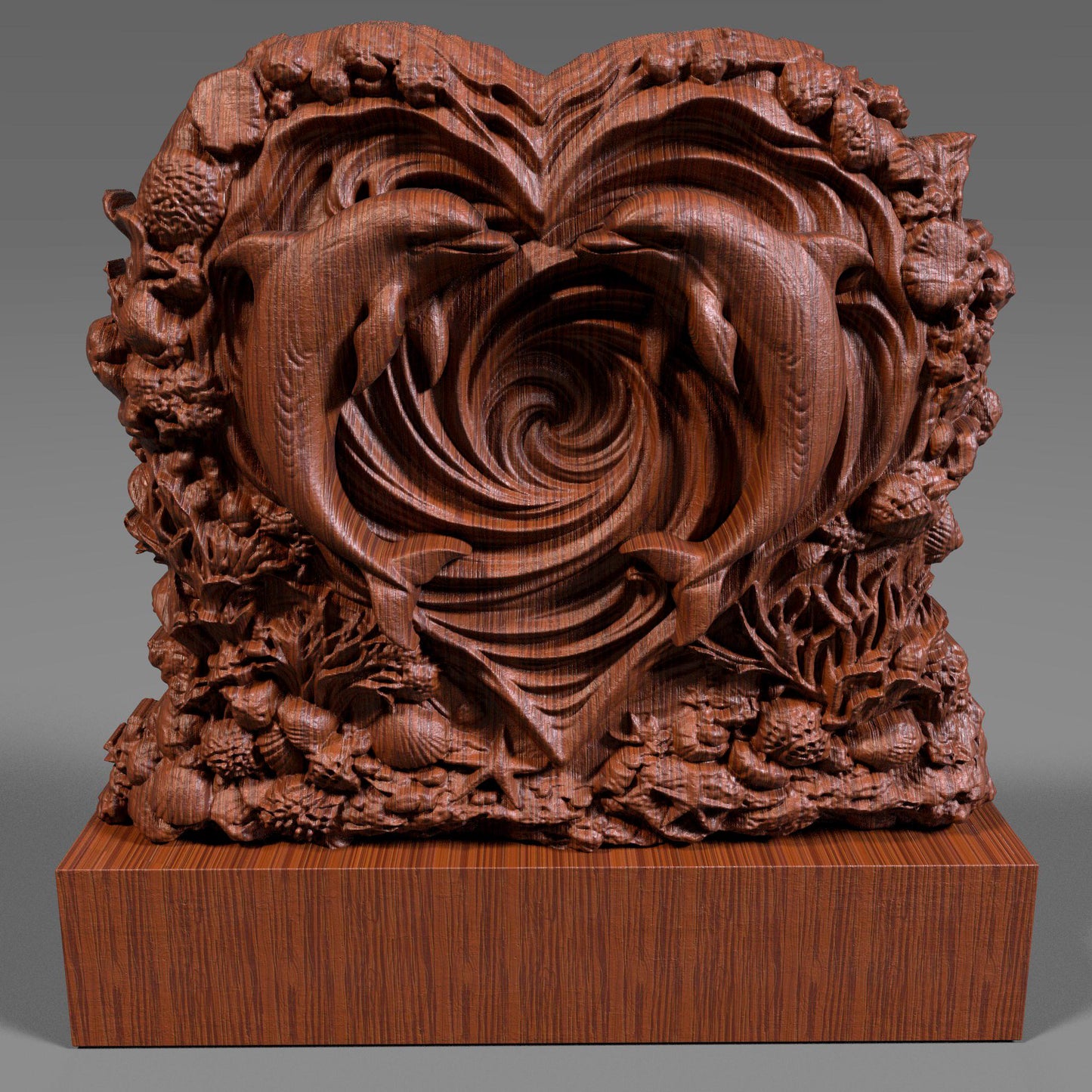 Heart-shaped wooden bas-relief sculpture featuring two dolphins swimming inward to form a romantic heart shape, carved in deep relief with flowing ocean wave spirals at the center. The surrounding border includes detailed coral, shells, and sea elements, symbolizing love and harmony. Rich wood texture with smooth depth transitions, ideal for Valentine’s Day decor, CNC carving, and romantic wall art.