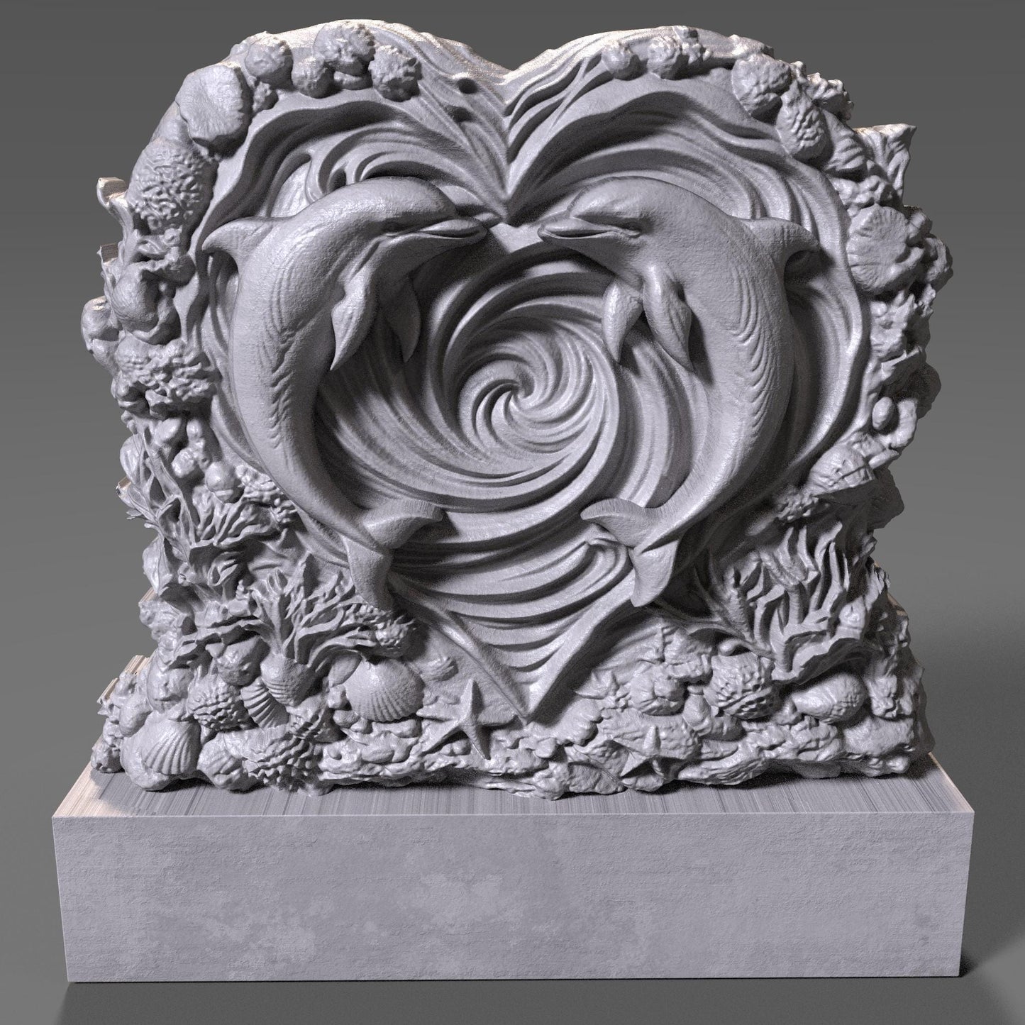 Heart-shaped wooden bas-relief sculpture featuring two dolphins swimming inward to form a romantic heart shape, carved in deep relief with flowing ocean wave spirals at the center. The surrounding border includes detailed coral, shells, and sea elements, symbolizing love and harmony. Rich wood texture with smooth depth transitions, ideal for Valentine’s Day decor, CNC carving, and romantic wall art.