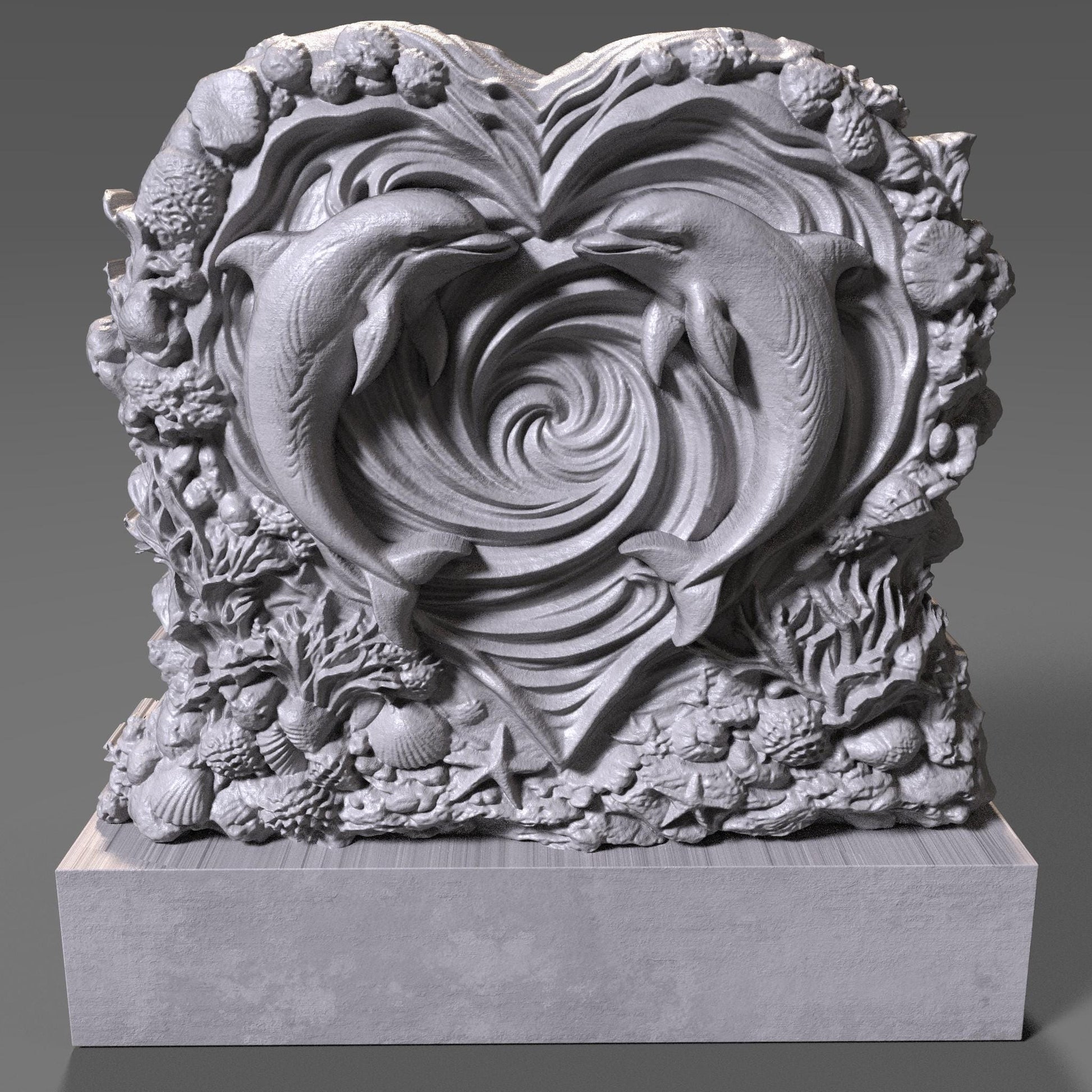 Heart-shaped wooden bas-relief sculpture featuring two dolphins swimming inward to form a romantic heart shape, carved in deep relief with flowing ocean wave spirals at the center. The surrounding border includes detailed coral, shells, and sea elements, symbolizing love and harmony. Rich wood texture with smooth depth transitions, ideal for Valentine’s Day decor, CNC carving, and romantic wall art.