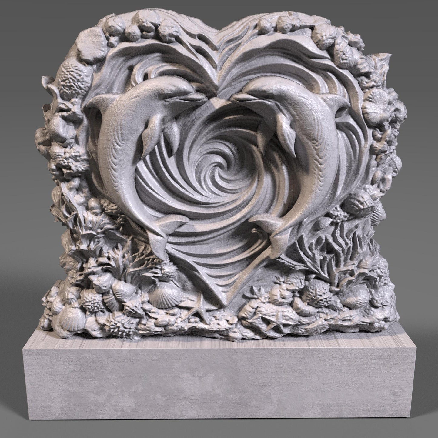 Heart-shaped wooden bas-relief sculpture featuring two dolphins swimming inward to form a romantic heart shape, carved in deep relief with flowing ocean wave spirals at the center. The surrounding border includes detailed coral, shells, and sea elements, symbolizing love and harmony. Rich wood texture with smooth depth transitions, ideal for Valentine’s Day decor, CNC carving, and romantic wall art.
