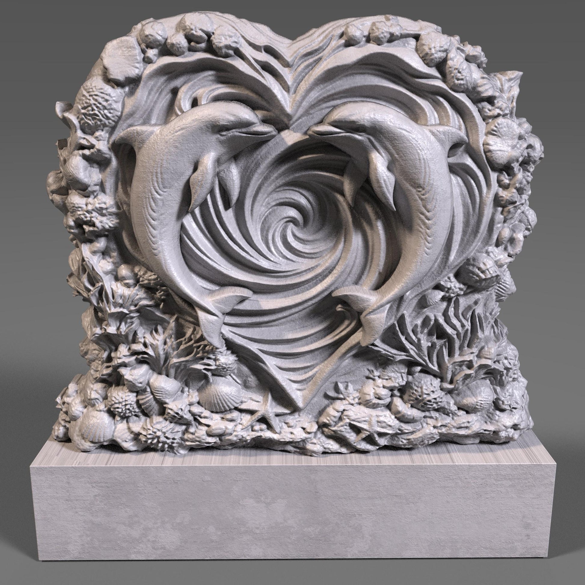 Heart-shaped wooden bas-relief sculpture featuring two dolphins swimming inward to form a romantic heart shape, carved in deep relief with flowing ocean wave spirals at the center. The surrounding border includes detailed coral, shells, and sea elements, symbolizing love and harmony. Rich wood texture with smooth depth transitions, ideal for Valentine’s Day decor, CNC carving, and romantic wall art.