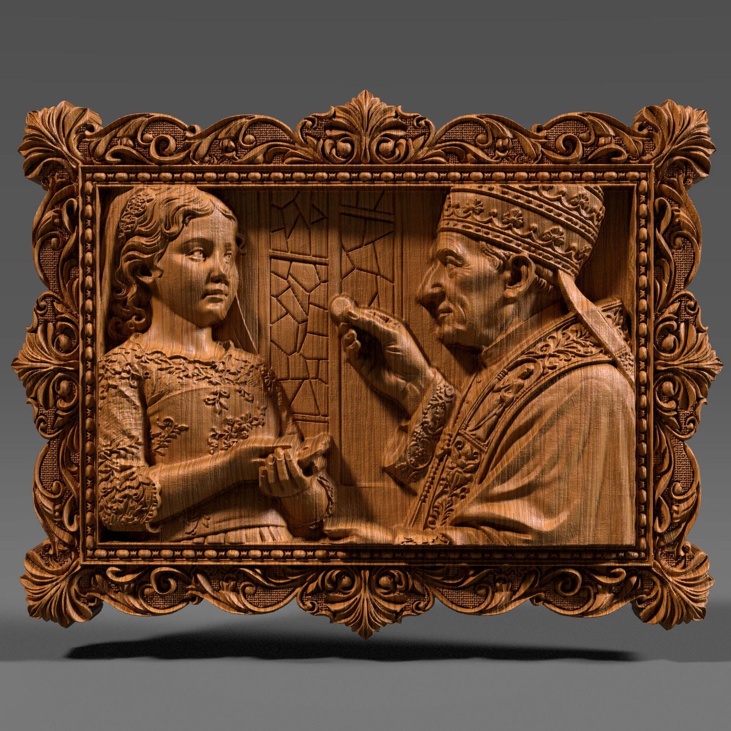 Ornate wooden bas-relief artwork depicting a First Communion scene, featuring a child receiving the Eucharist from a priest, framed in an intricate classical border. The relief shows fine facial details, flowing garments, and deep carved textures, rendered in wood style. Designed as a custom 3D bas-relief STL from a child’s photo, ideal for CNC carving, 3D printing, and Catholic religious keepsakes.