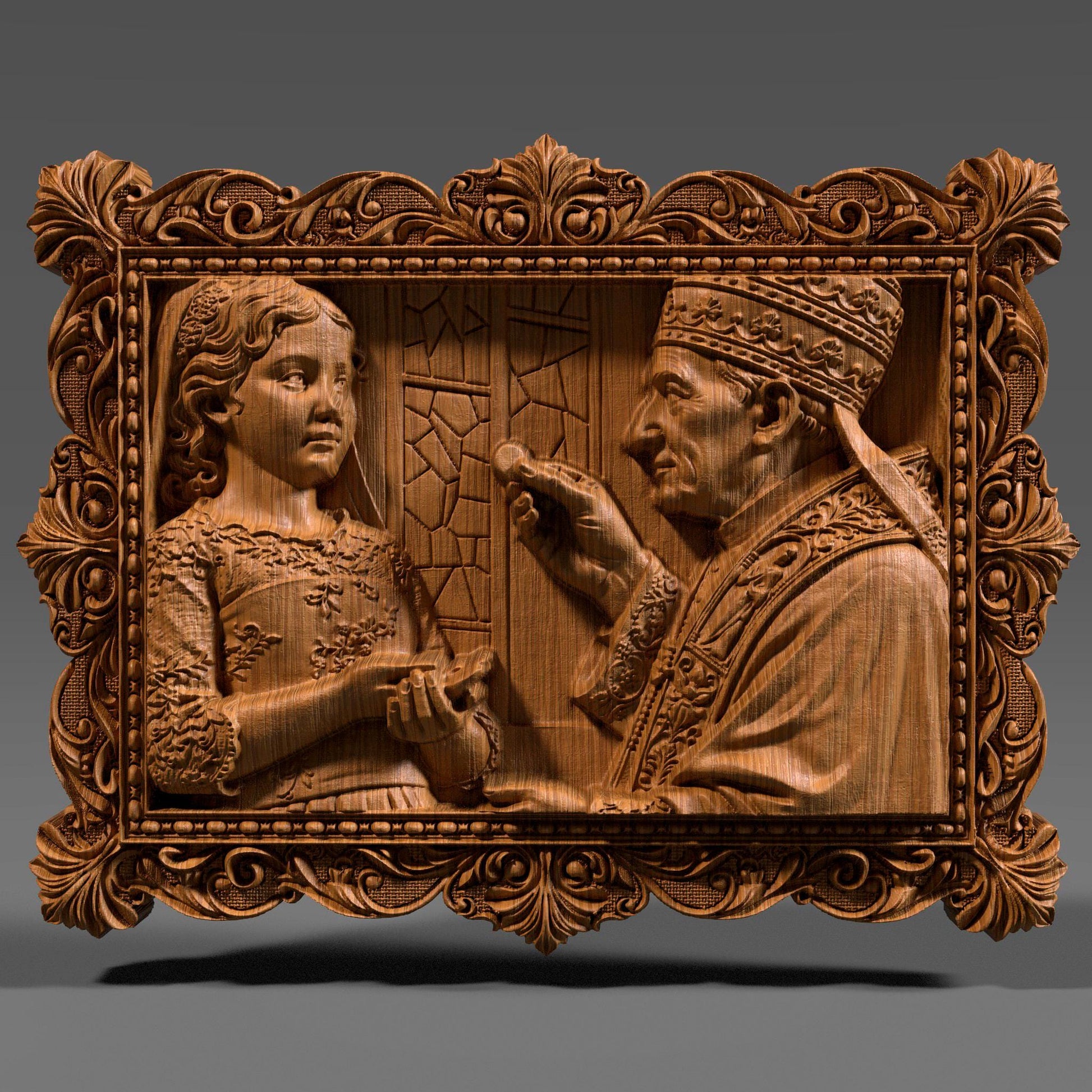 Ornate wooden bas-relief artwork depicting a First Communion scene, featuring a child receiving the Eucharist from a priest, framed in an intricate classical border. The relief shows fine facial details, flowing garments, and deep carved textures, rendered in wood style. Designed as a custom 3D bas-relief STL from a child’s photo, ideal for CNC carving, 3D printing, and Catholic religious keepsakes.